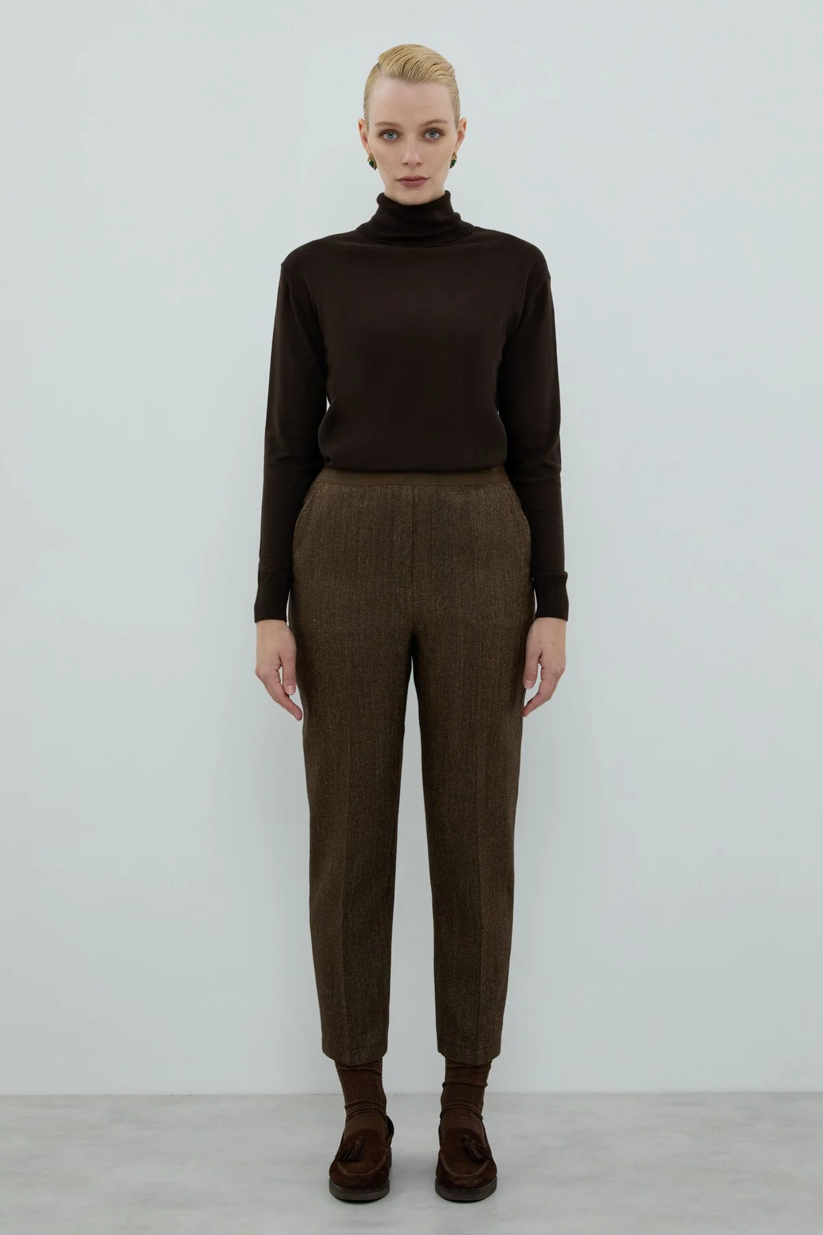 Yün Karışımlı Beli Lastikli Düz Paça Pantolon Kahve - 1