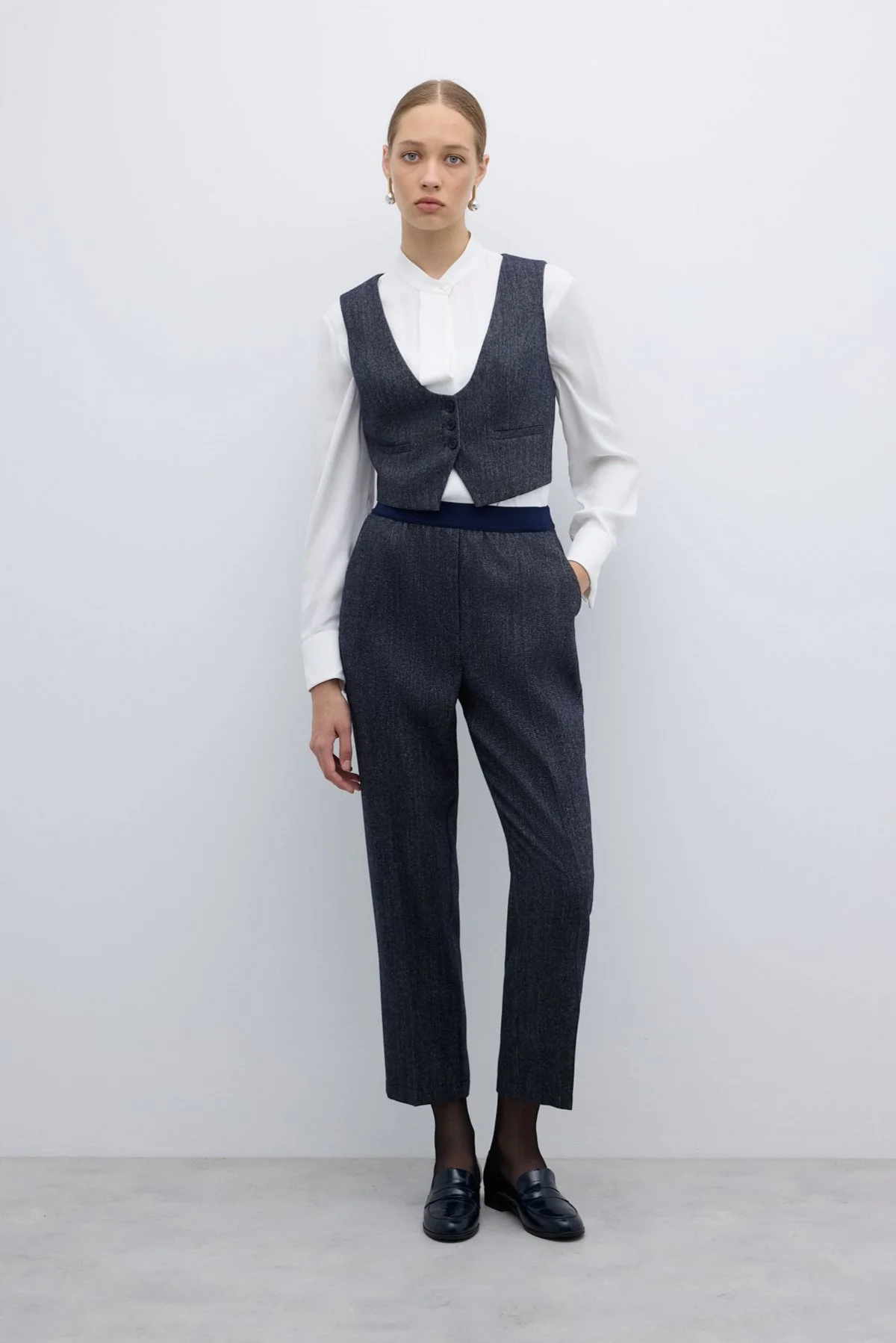 Yün Karışımlı Beli Lastikli Düz Paça Pantolon Lacivert - 1