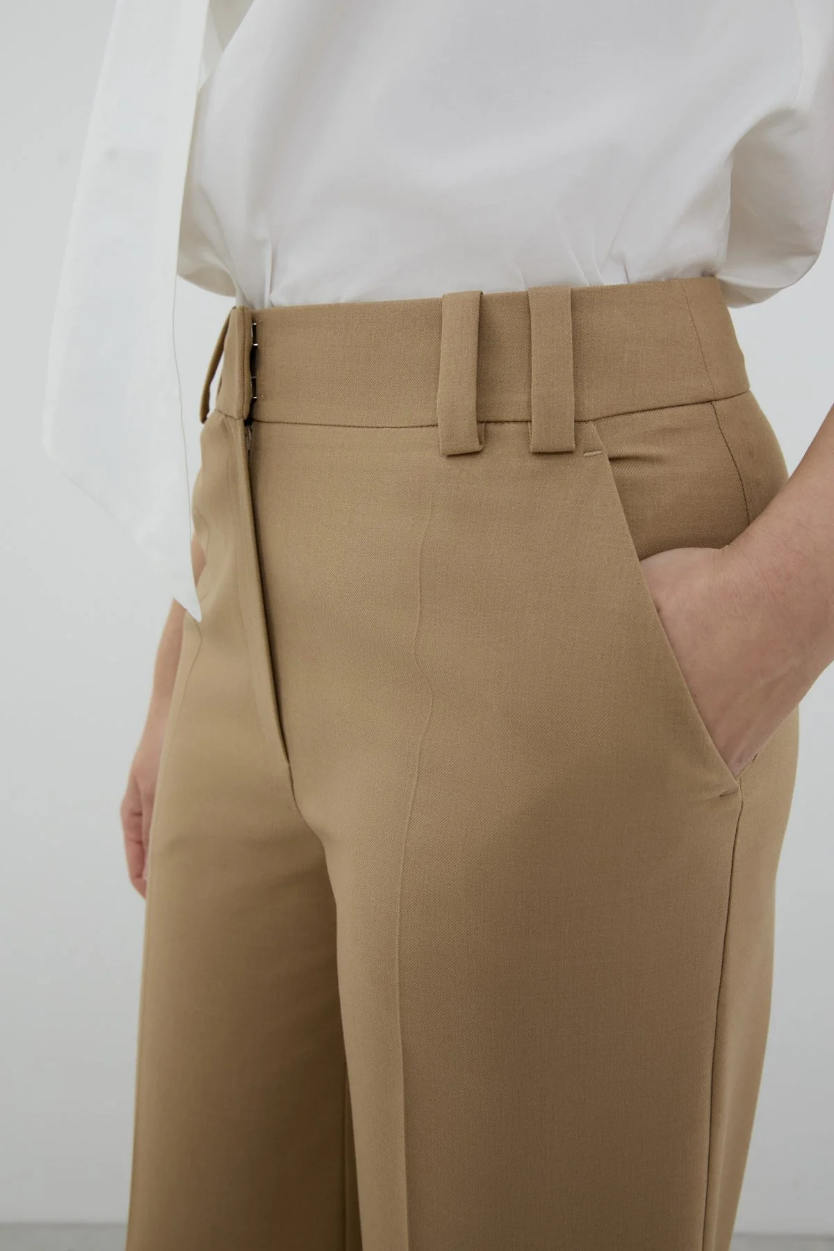 Yün Karışımlı Geniş Düz Paça Pantolon Bej - 3
