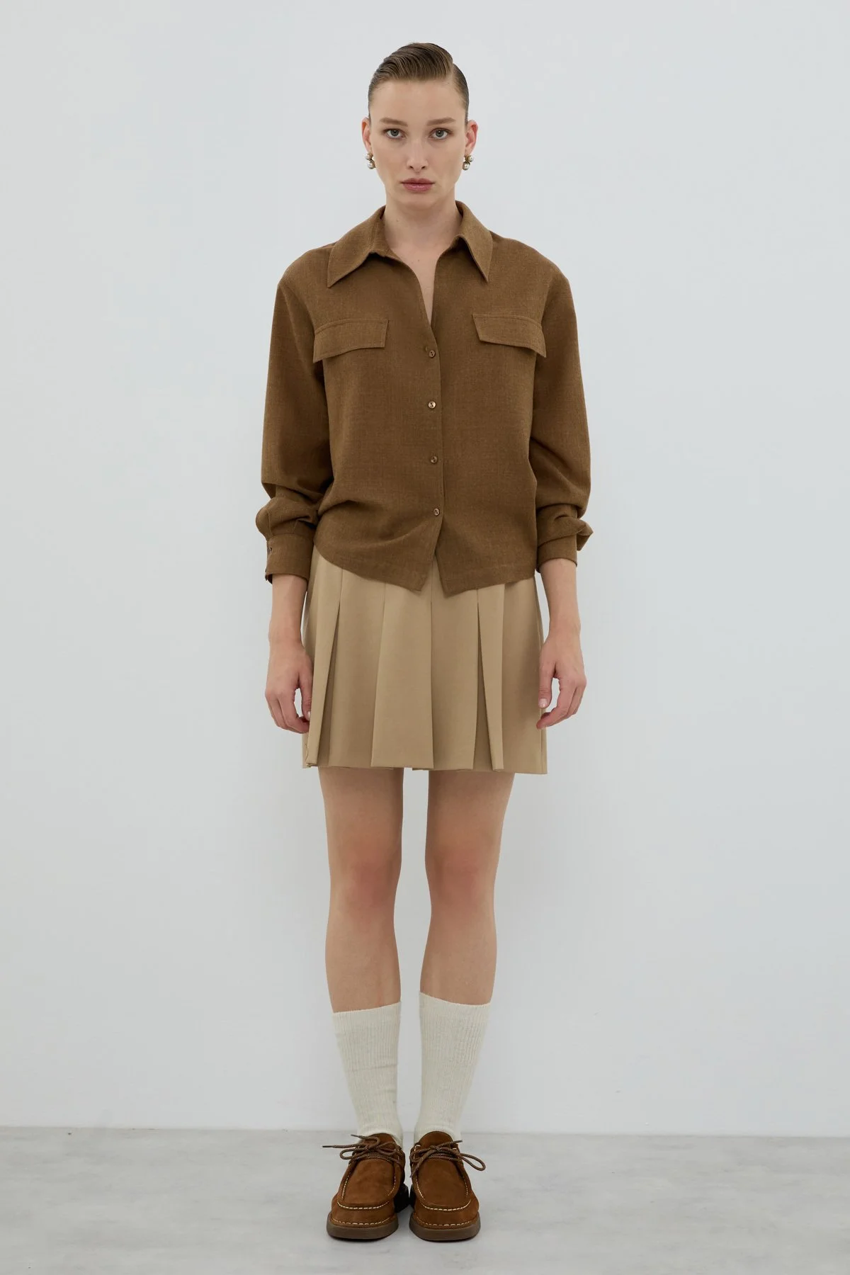 %100 Yün Süs Cep Kapaklı Gömlek Kahve - 3