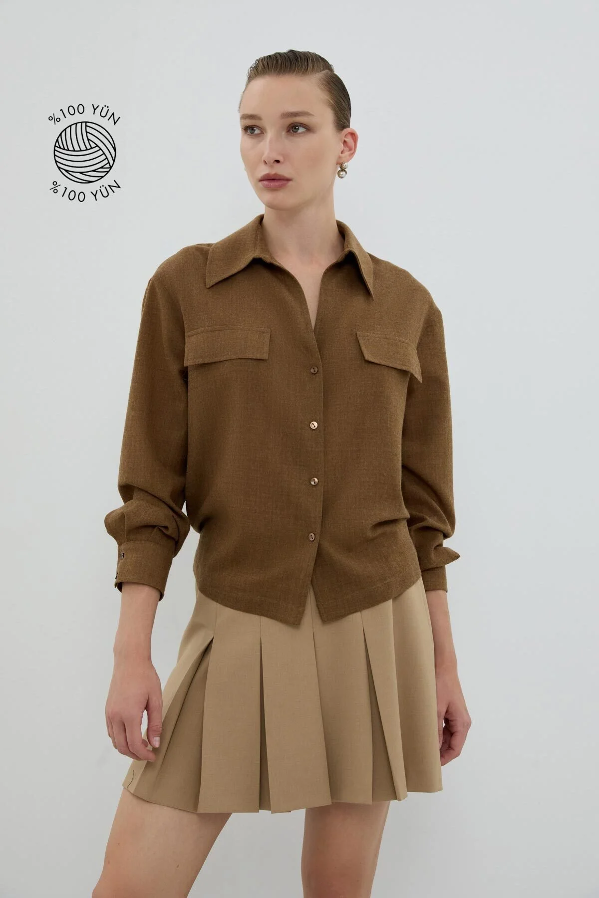 %100 Yün Süs Cep Kapaklı Gömlek Kahve - 1
