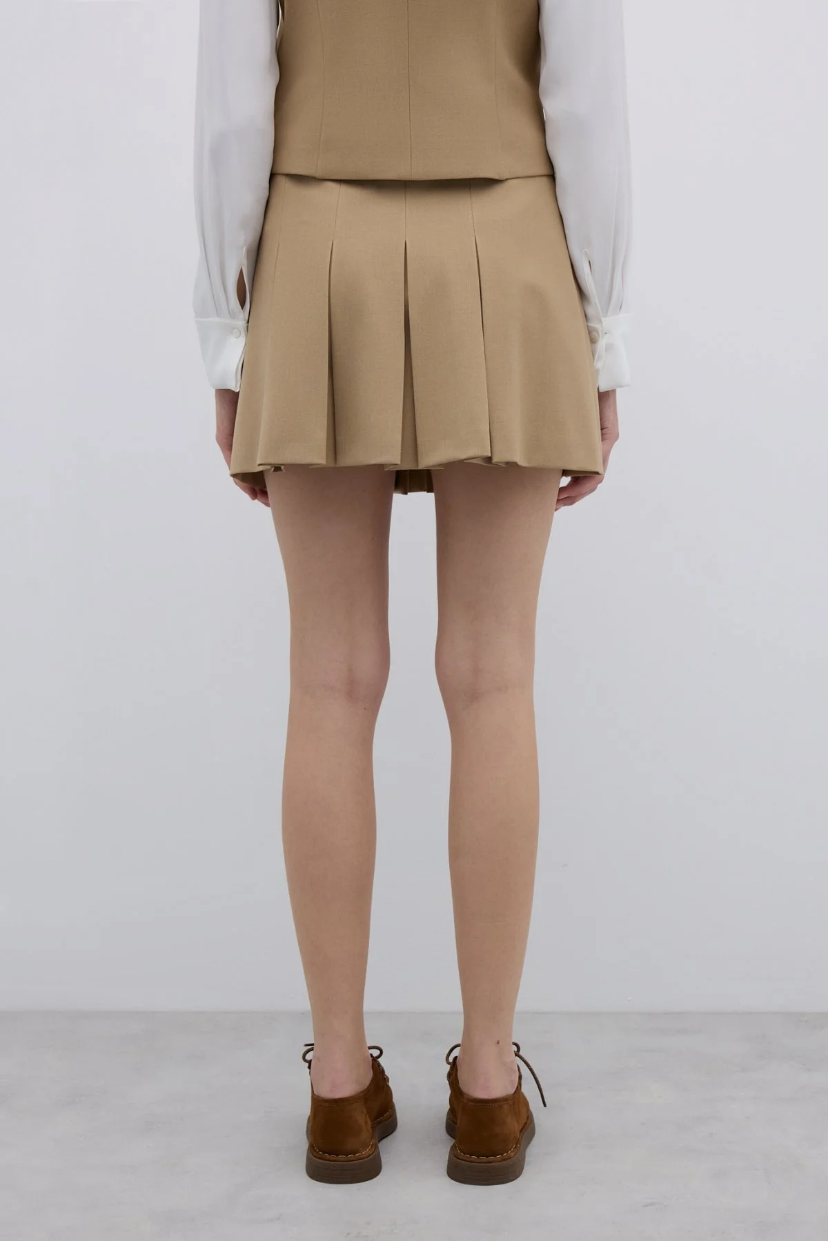 Yün Karışımlı Pileli Mini Etek Bej - 2