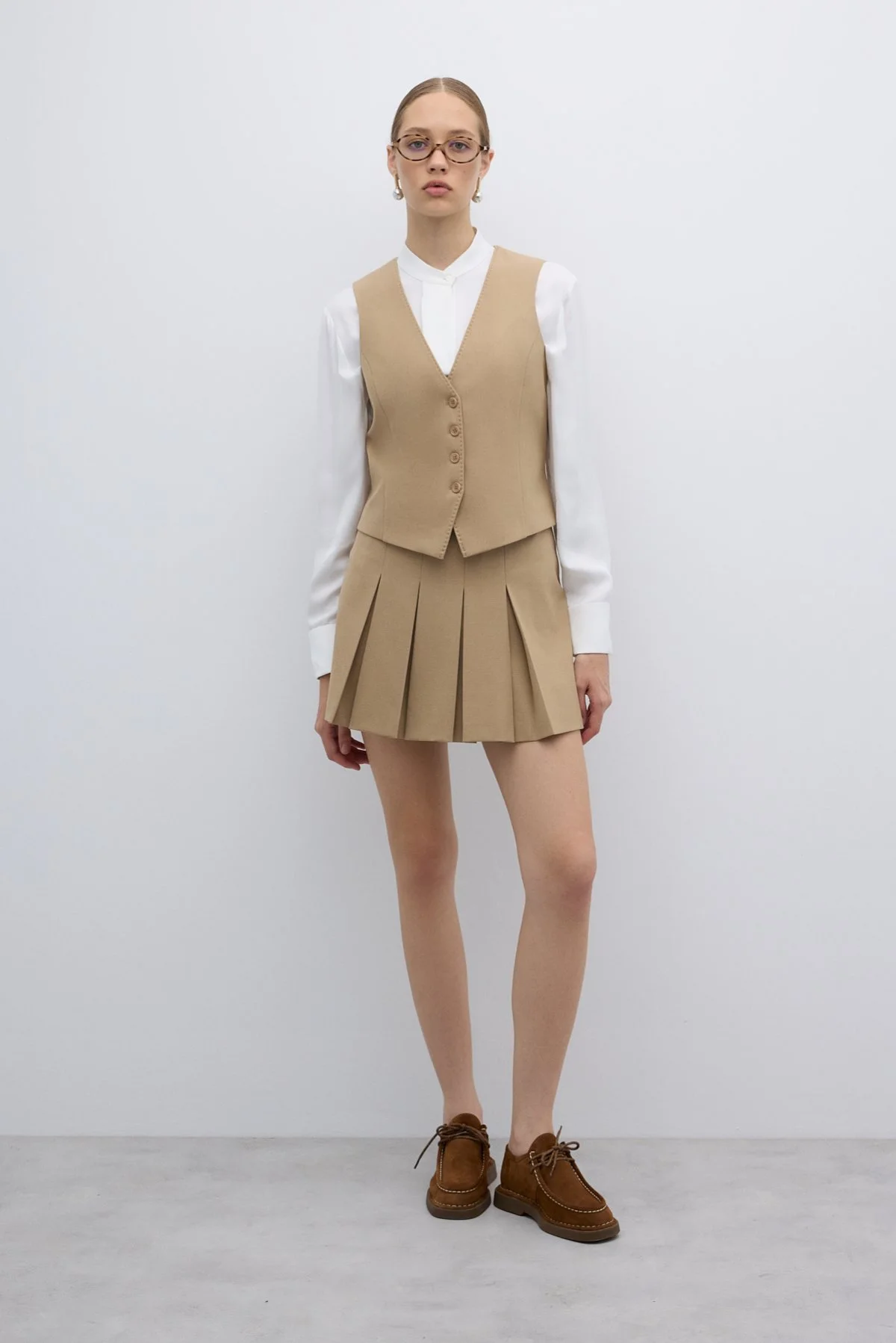 Yün Karışımlı Pileli Mini Etek Bej - 1