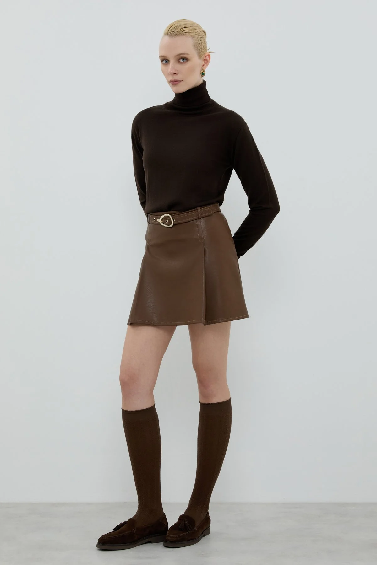 Beli Kemerli Mini Etek Kahve - 3