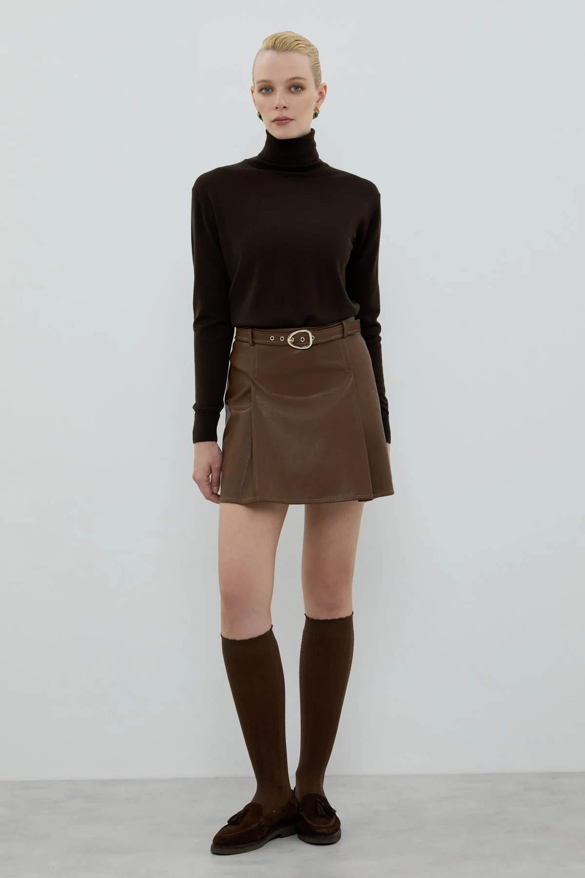 Beli Kemerli Mini Etek Kahve - 1