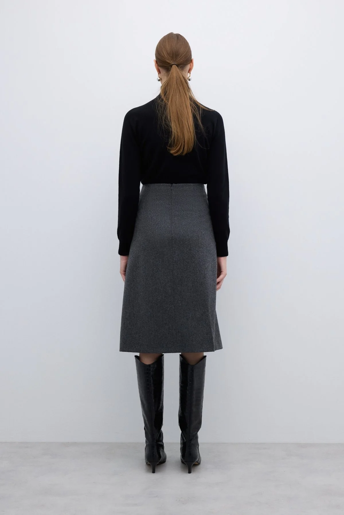 %100 Yün Midi Boy Çan Etek Koyu Gri - 2