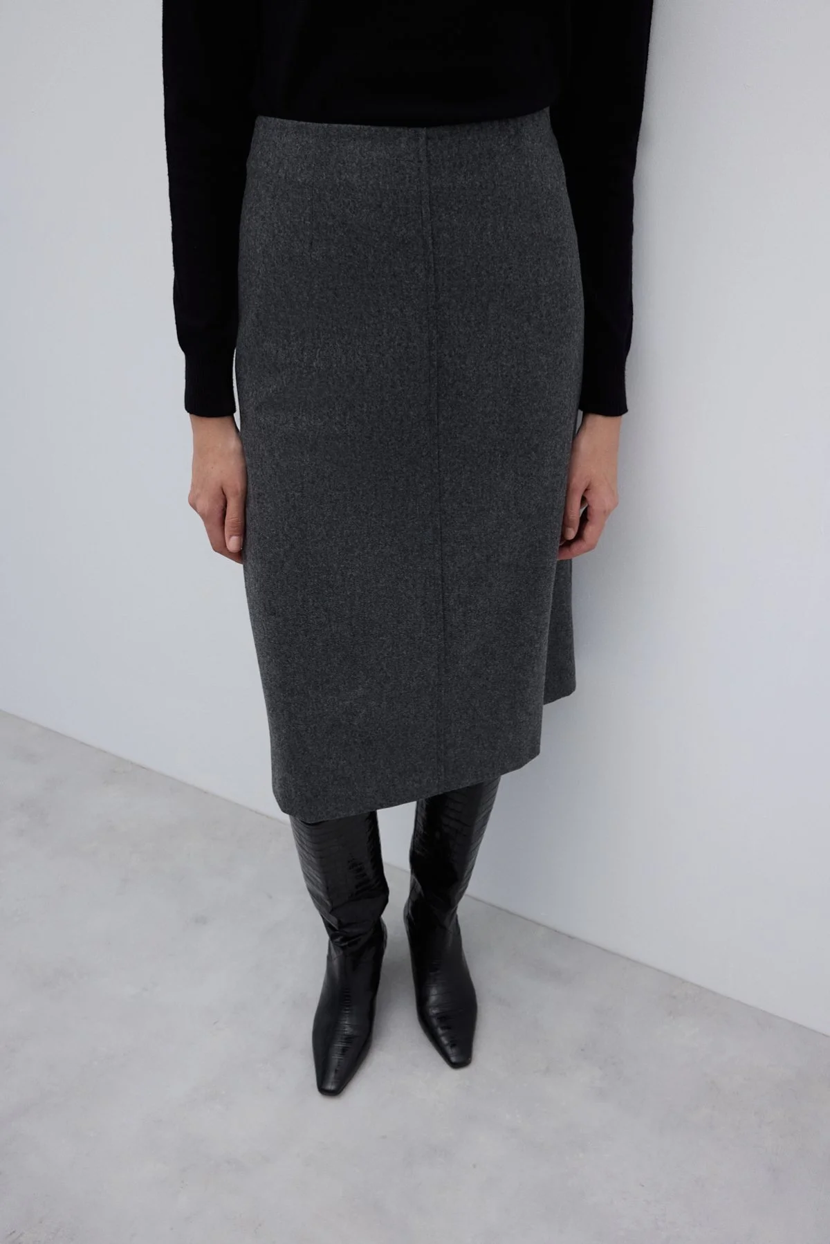 %100 Yün Midi Boy Çan Etek Koyu Gri - 3
