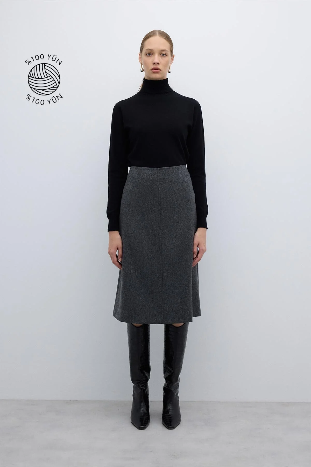 %100 Yün Midi Boy Çan Etek Koyu Gri - 1