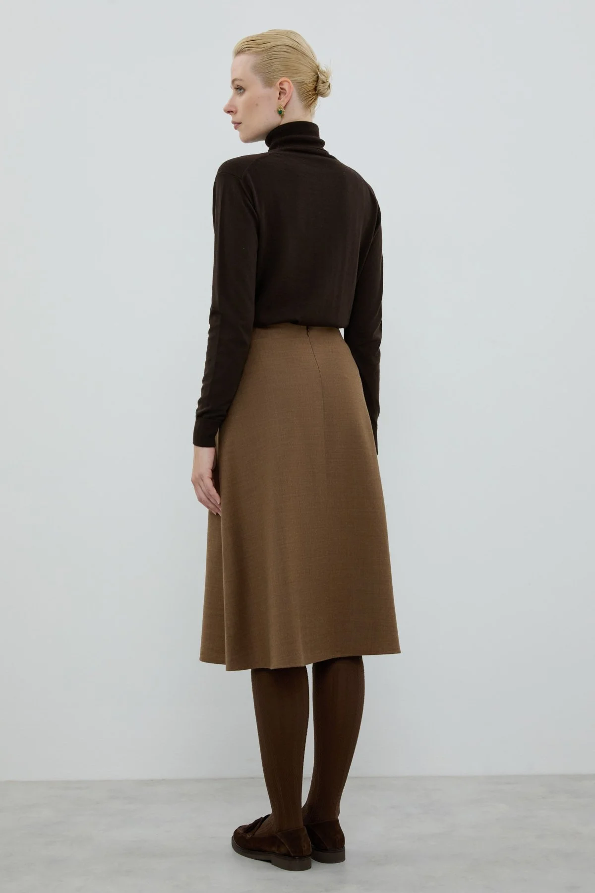 Yün Karışımlı Pili Detaylı Midi Boy Etek Kahve - 2