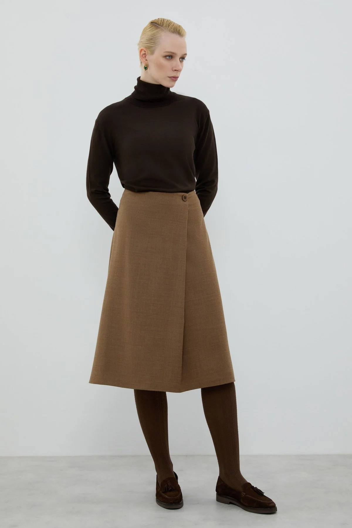 Yün Karışımlı Pili Detaylı Midi Boy Etek Kahve - 3