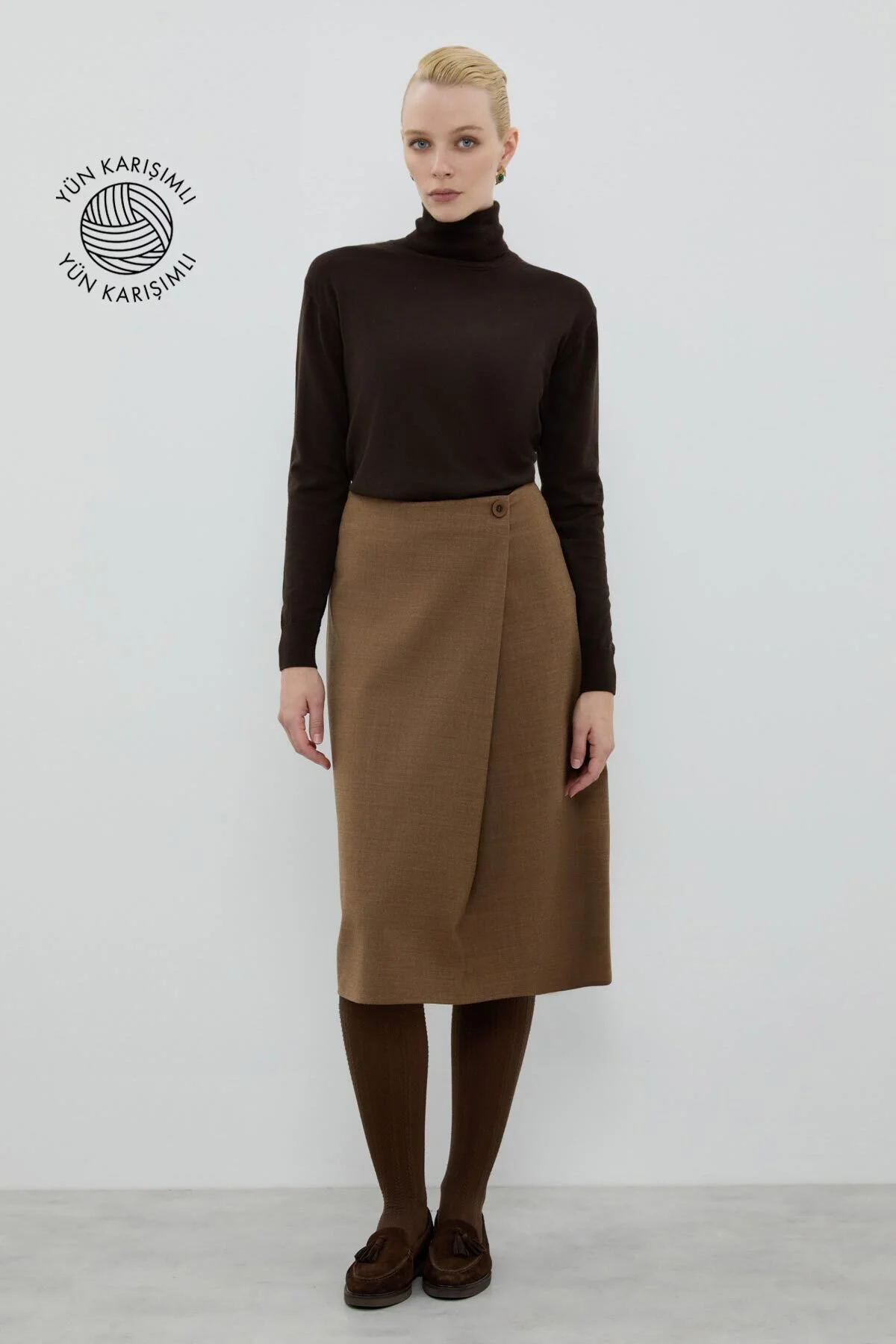 Yün Karışımlı Pili Detaylı Midi Boy Etek Kahve - 1