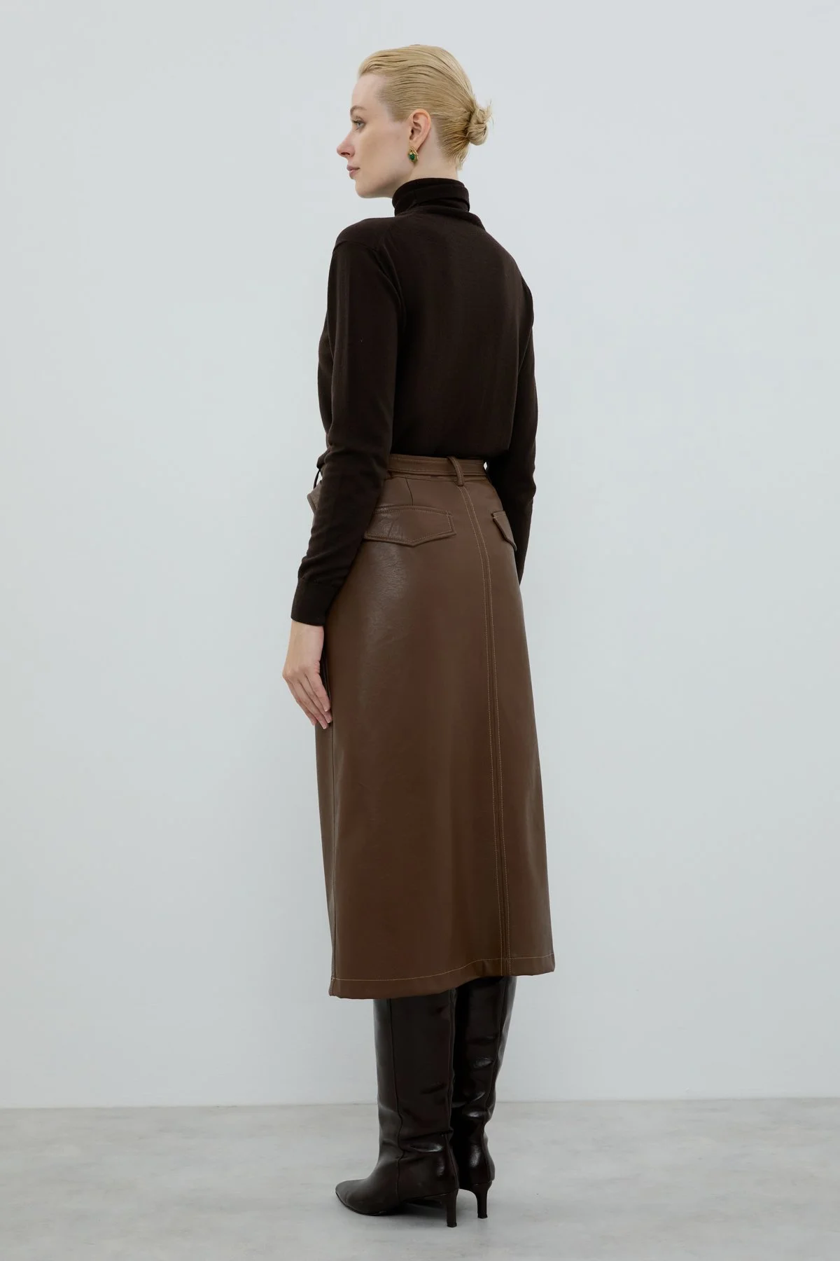 Beli Kemerli Midi Boy Etek Kahve - 2