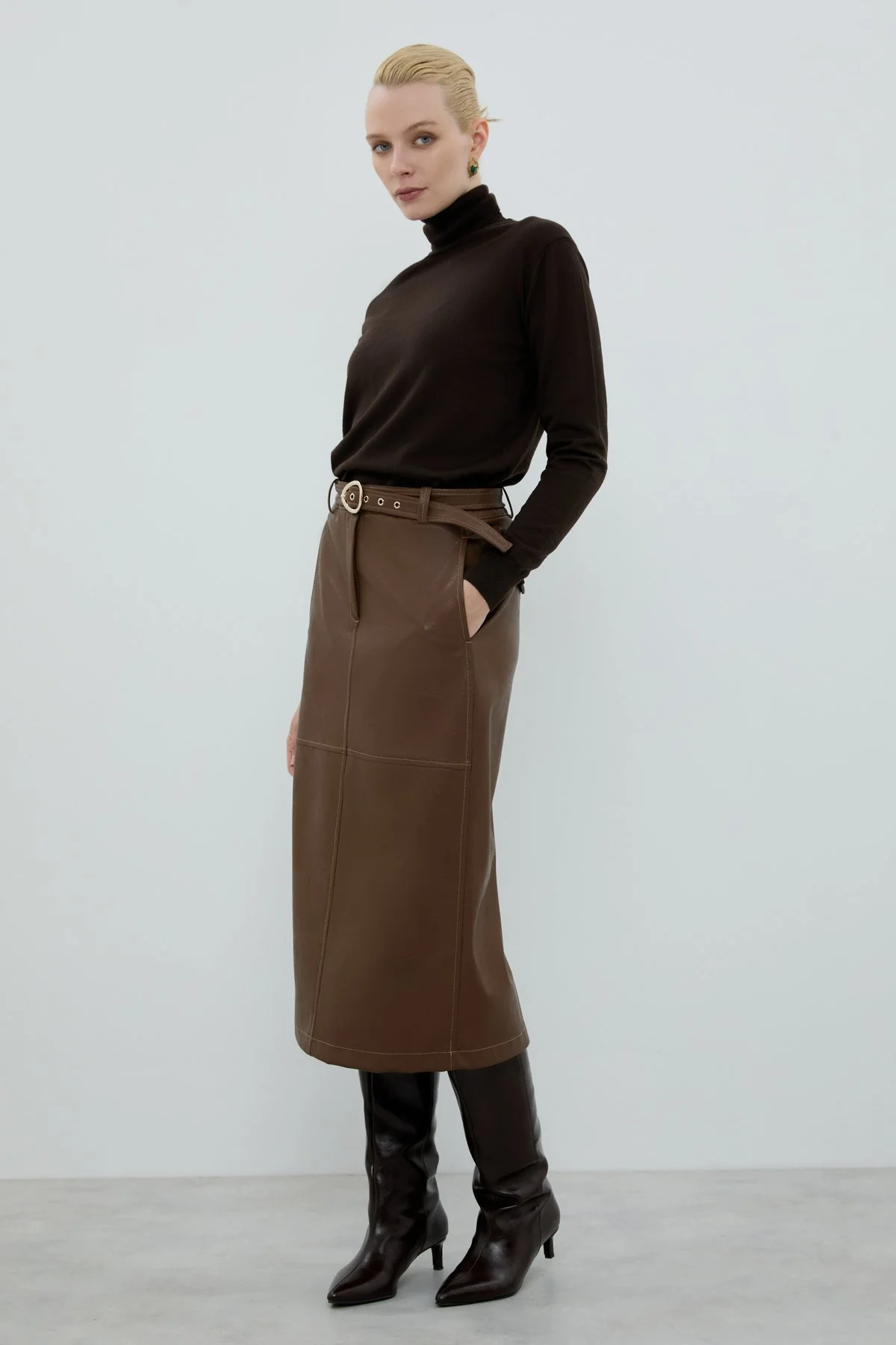 Beli Kemerli Midi Boy Etek Kahve - 3