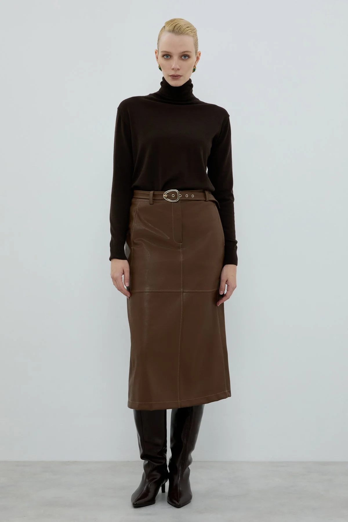 Beli Kemerli Midi Boy Etek Kahve - 1