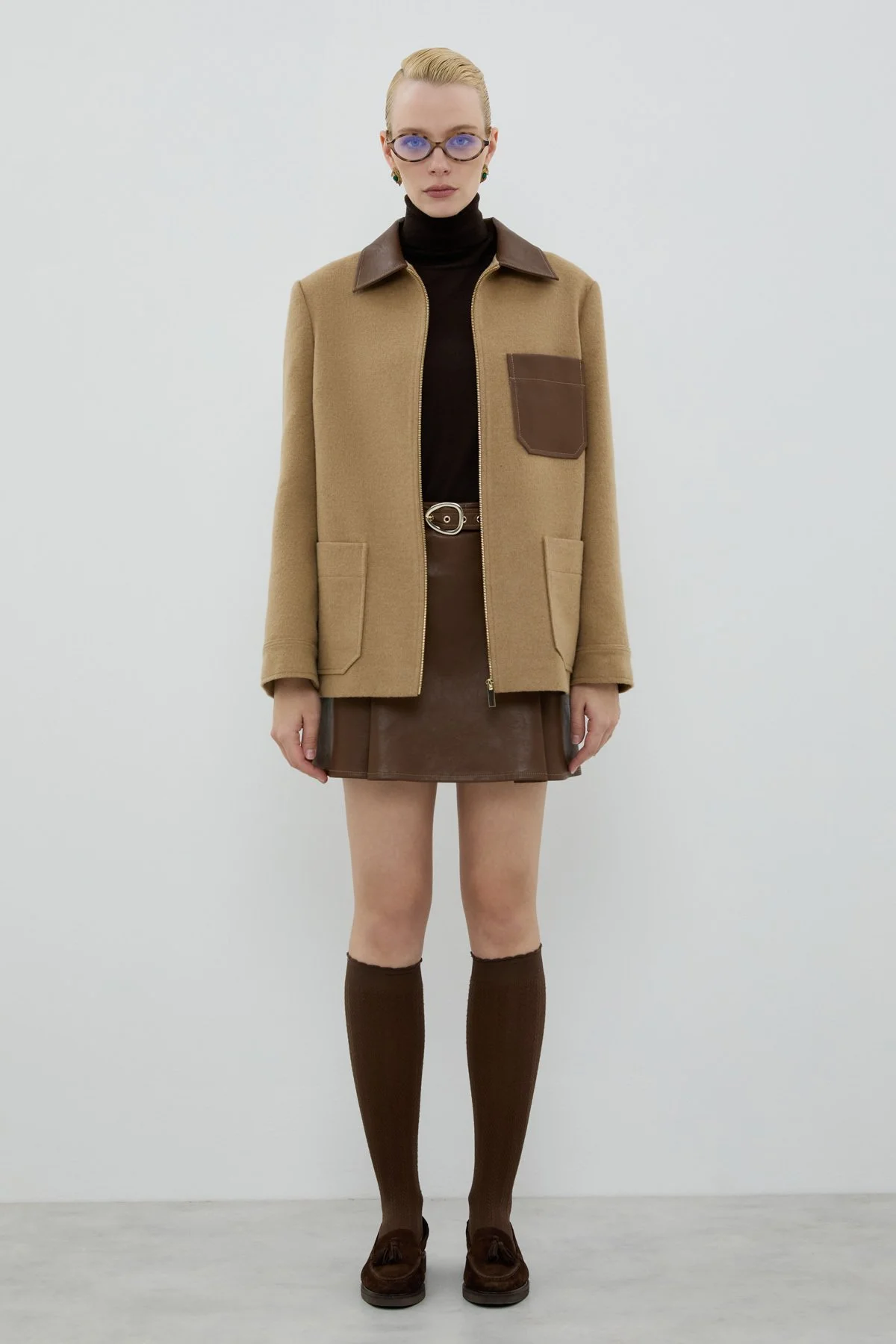 Yün Karışımlı Deri Detaylı Ceket Camel - 3