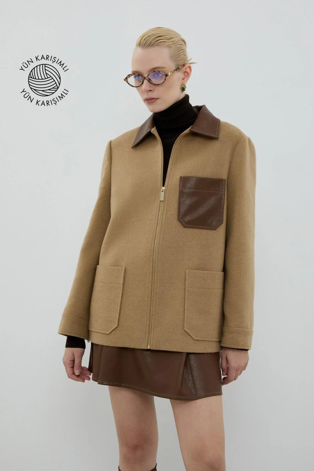 Yün Karışımlı Deri Detaylı Ceket Camel - 1