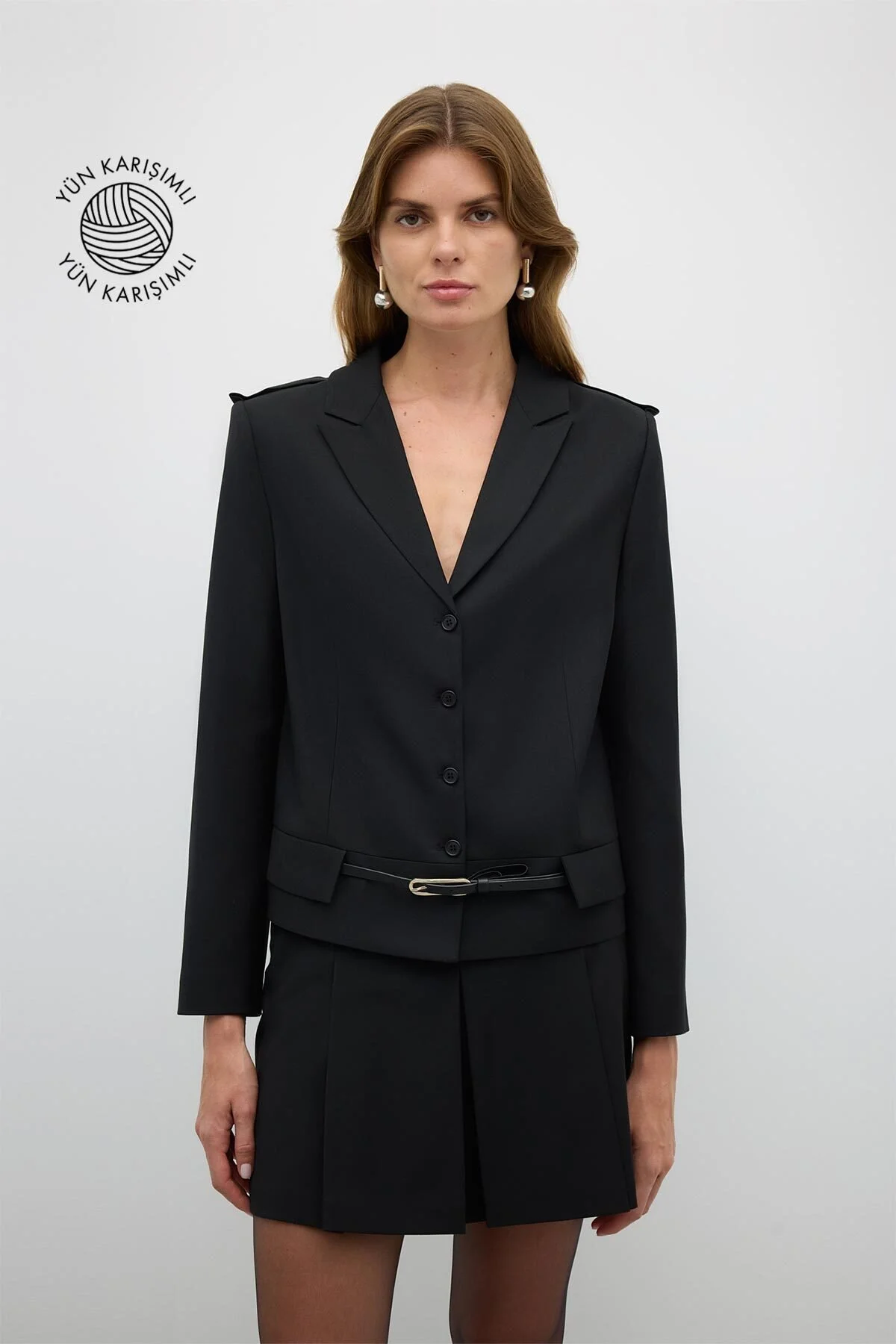 Erkek Yaka Çıkarılabilir Kemerli Ceket Siyah - 1