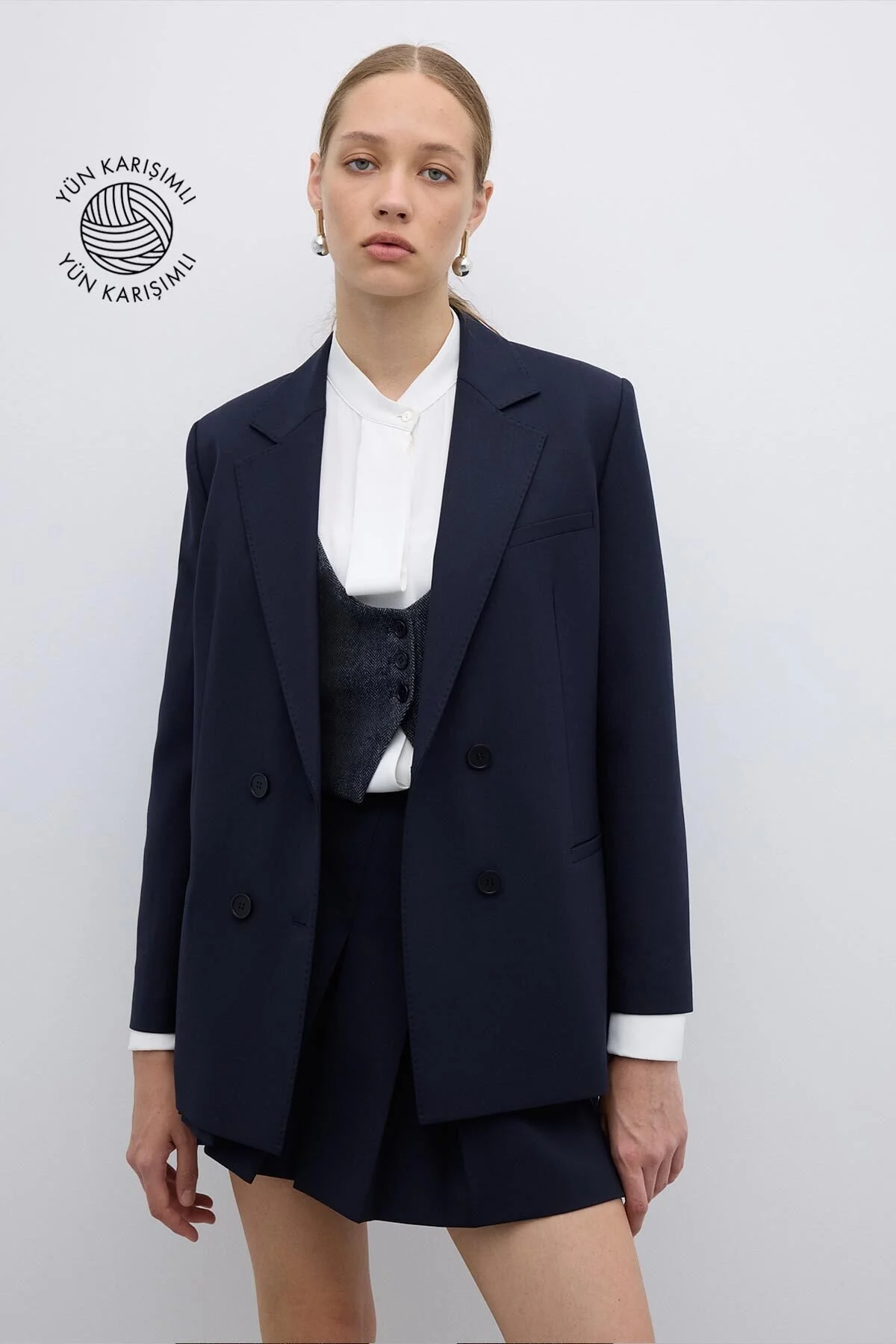 Punto Dikişli Kruvaze Blazer Ceket Lacivert - 1