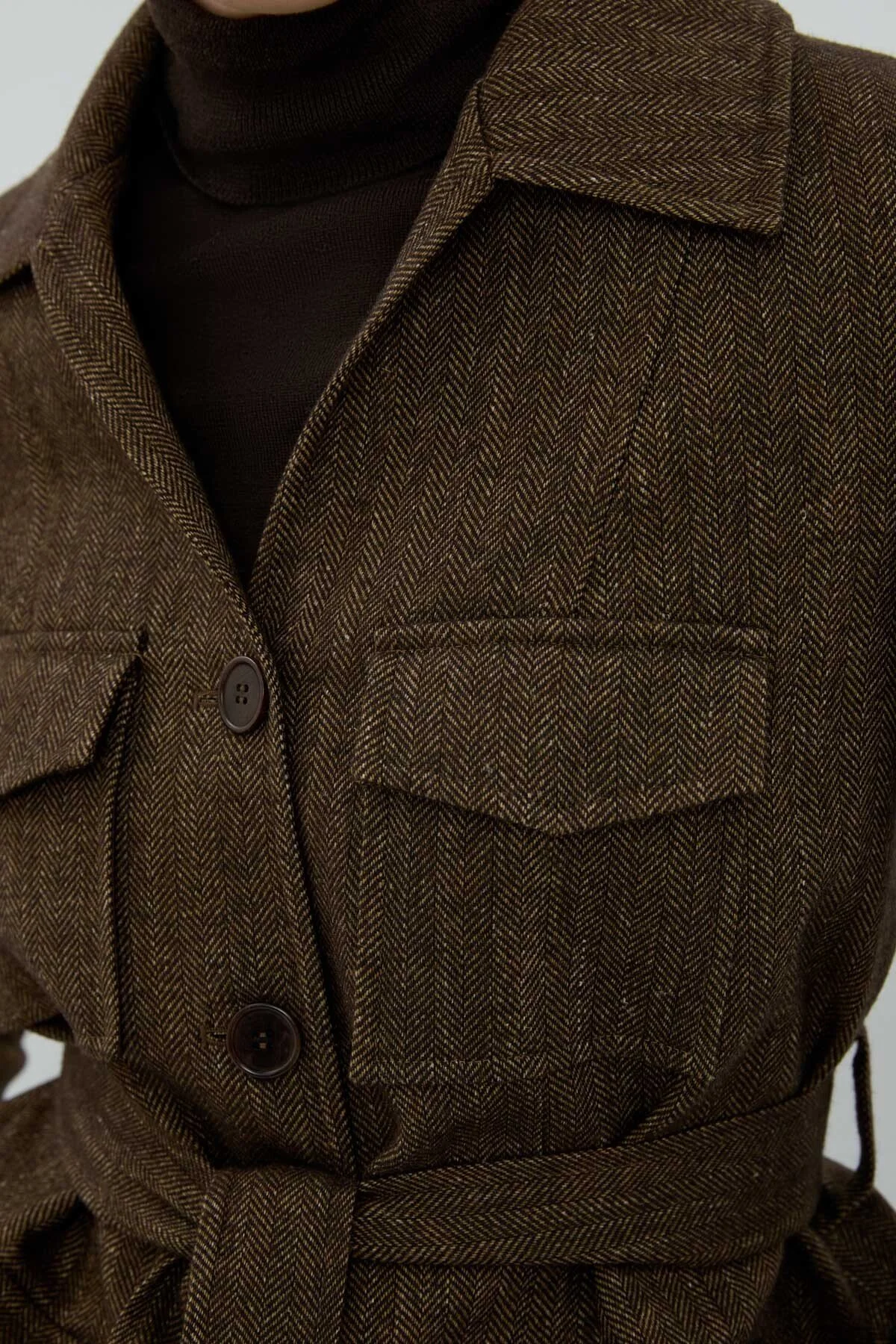 Yün Karışımlı Beli Kemerli Ceket Kahve - 3