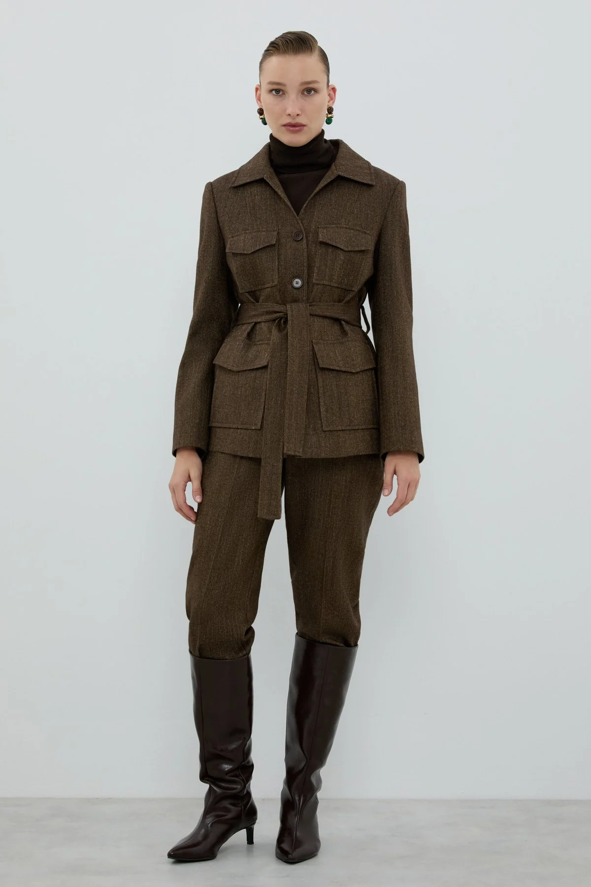 Yün Karışımlı Beli Kemerli Ceket Kahve - 4