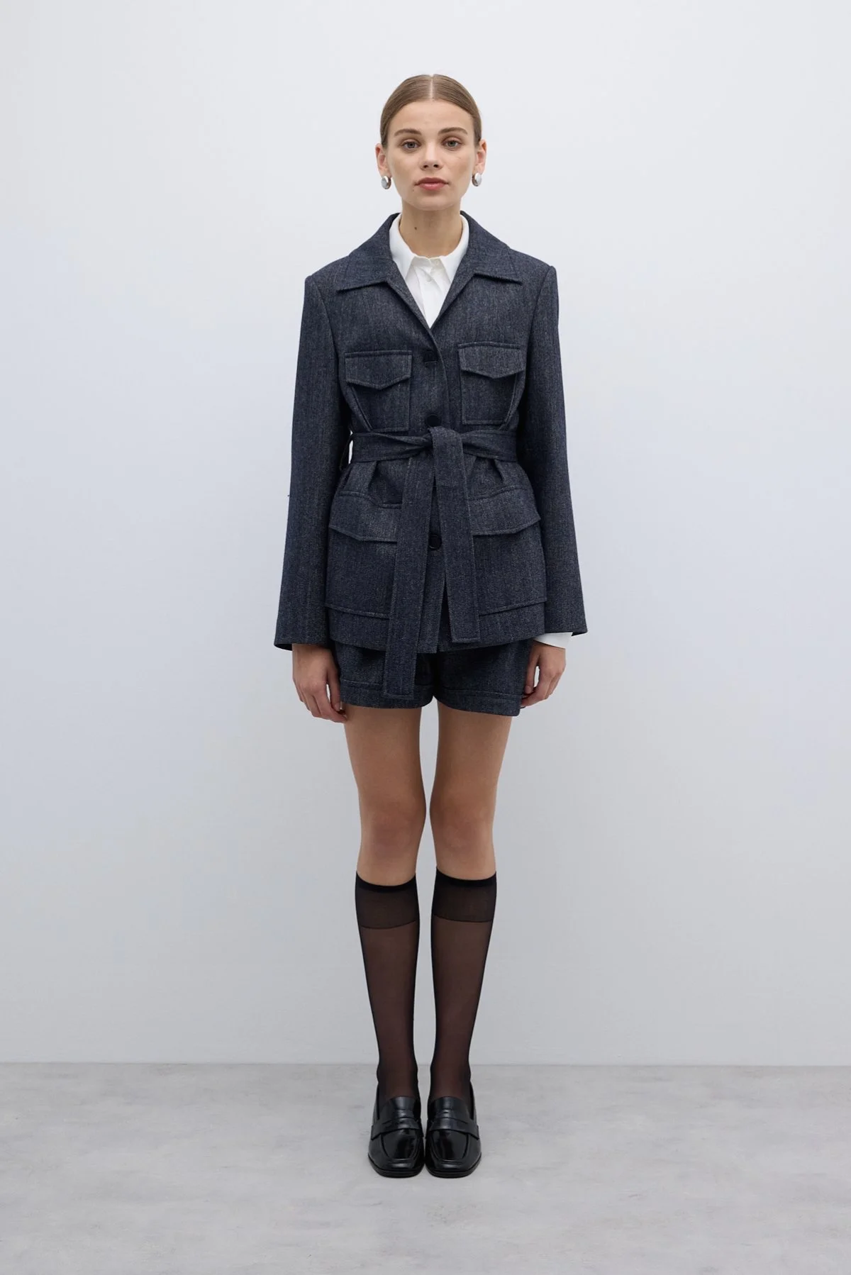 Yün Karışımlı Beli Kemerli Ceket Lacivert - 4