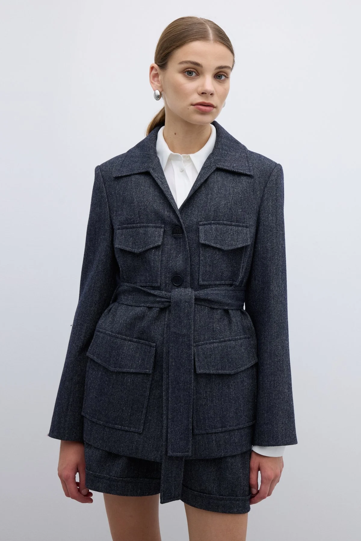 Yün Karışımlı Beli Kemerli Ceket Lacivert - 1