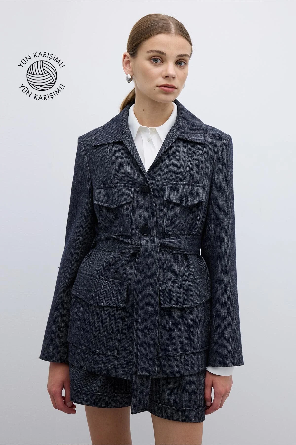 Yün Karışımlı Beli Kemerli Ceket Lacivert - 1