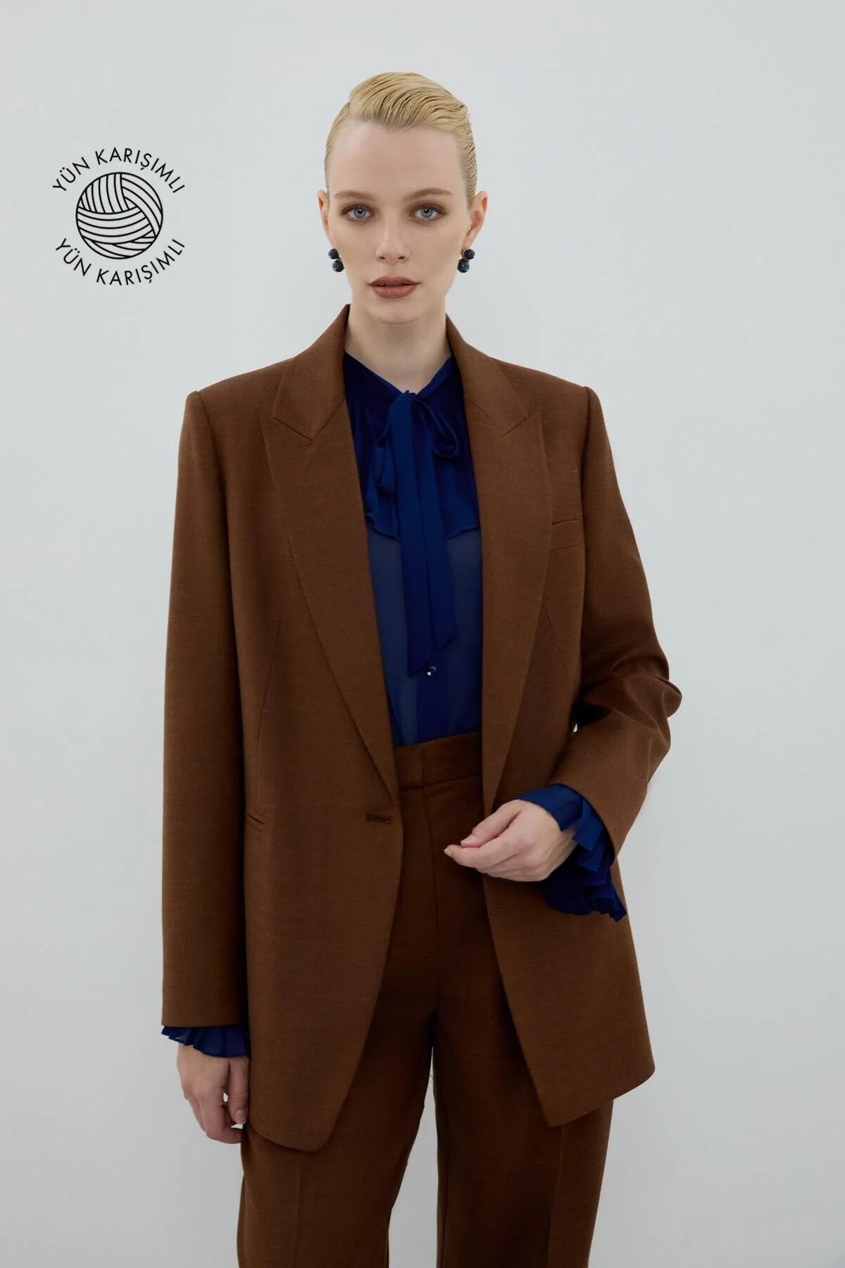 Yün Karışımlı Fleto Cepli Ceket Kahve - 1