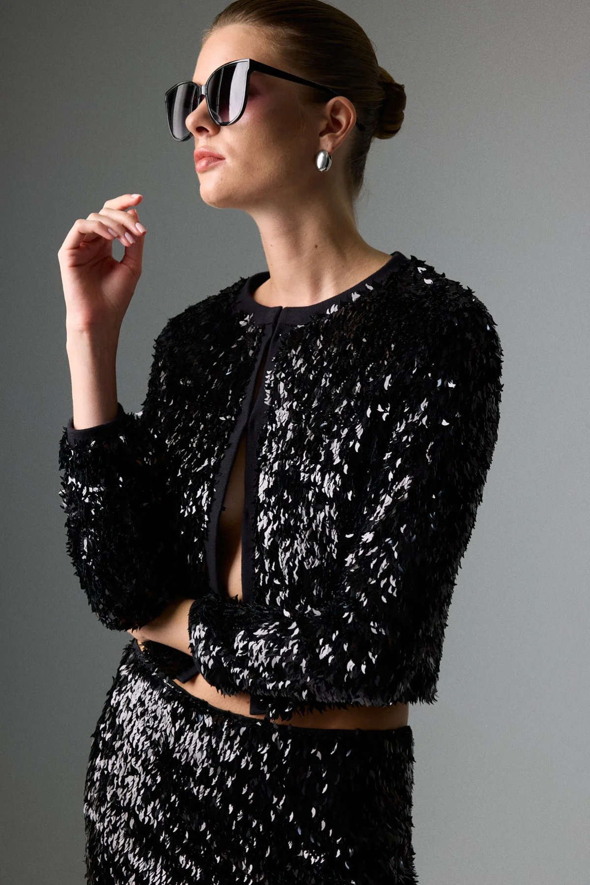 Bisiklet Yaka Payet Ceket Siyah - 3