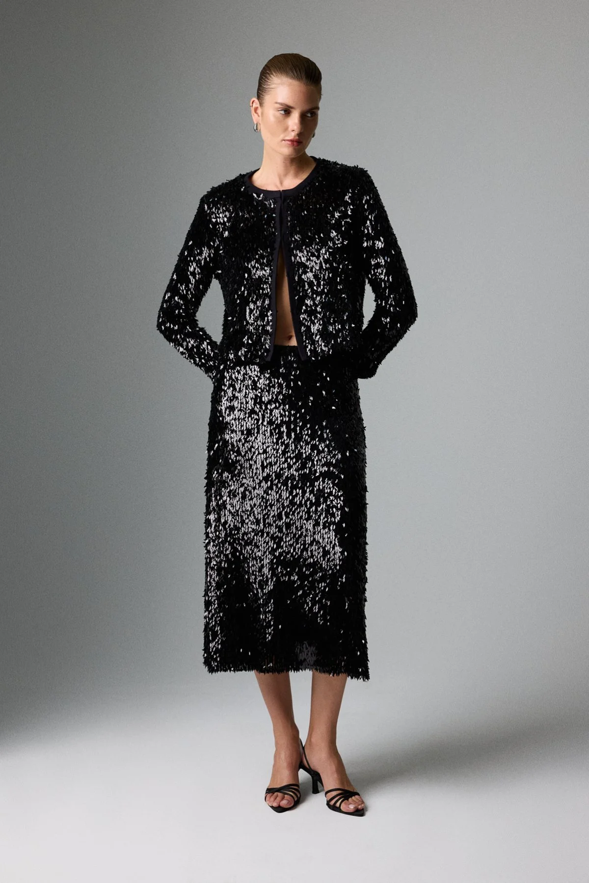 Bisiklet Yaka Payet Ceket Siyah - 4