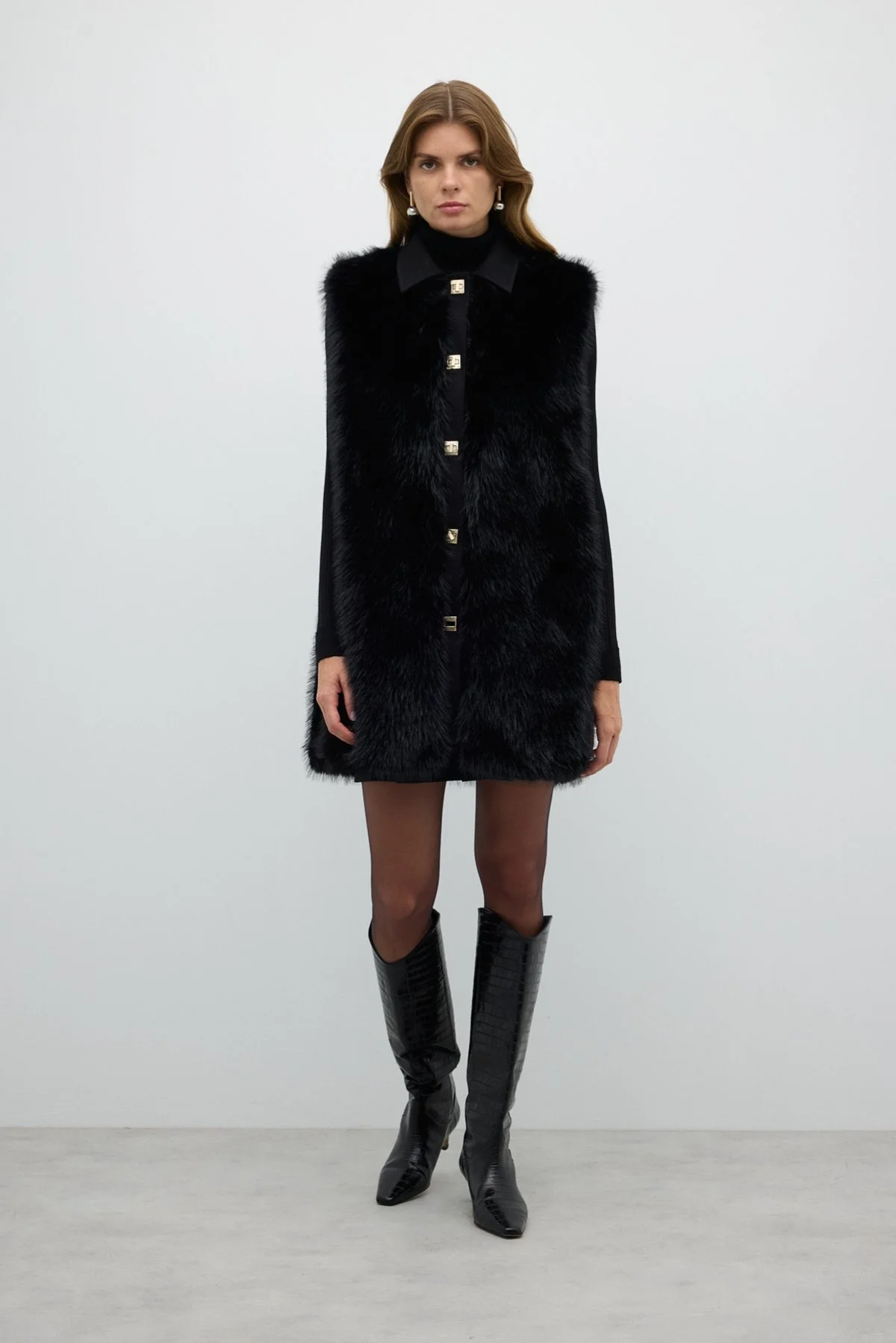 Kilit Tokalı Kürk Yelek Siyah - 5