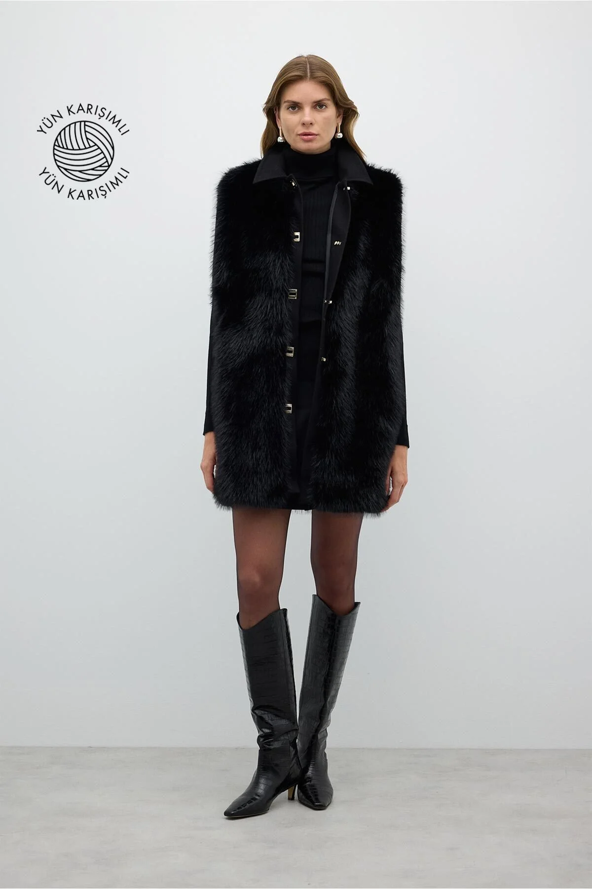 Kilit Tokalı Kürk Yelek Siyah - 1
