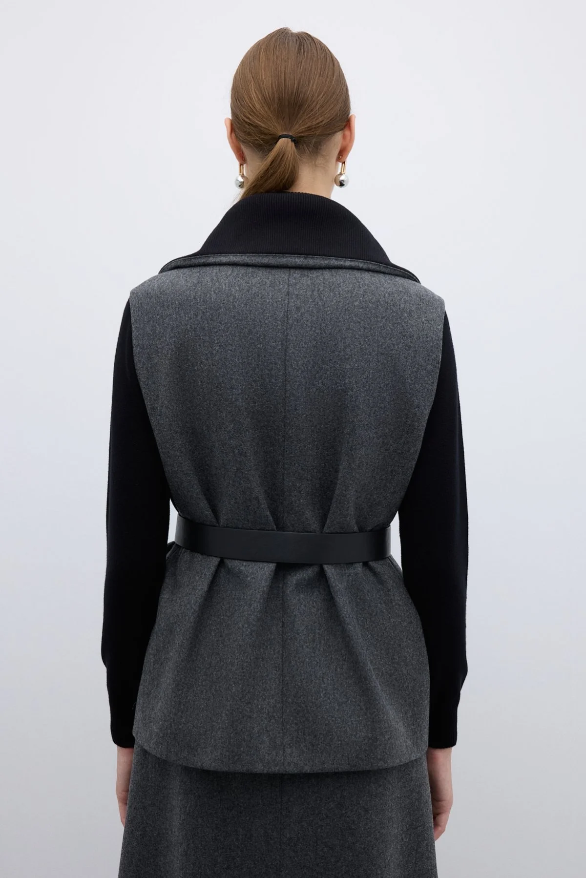 %100 Yün Beli Seyyar Kemerli Fermuarlı Yelek Koyu Gri - 2