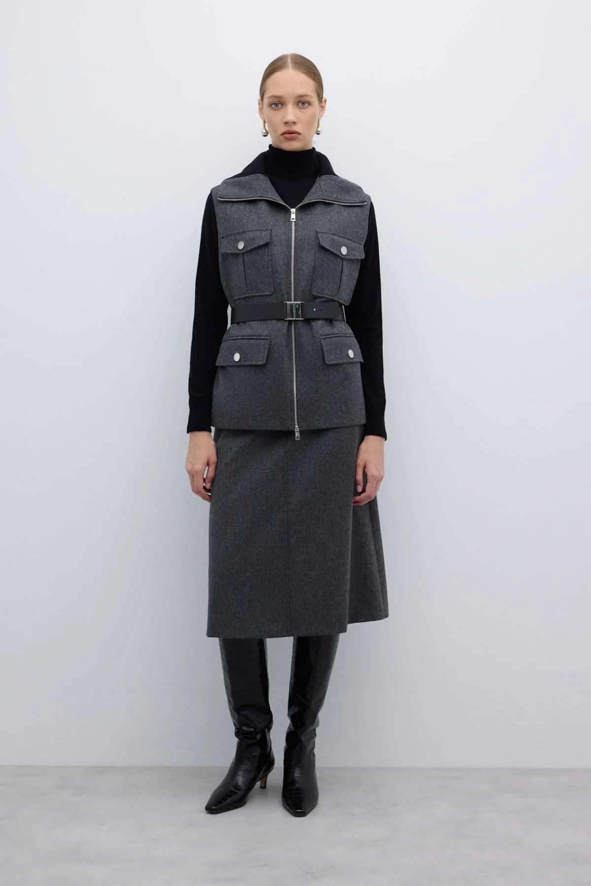 %100 Yün Beli Seyyar Kemerli Fermuarlı Yelek Koyu Gri - 3
