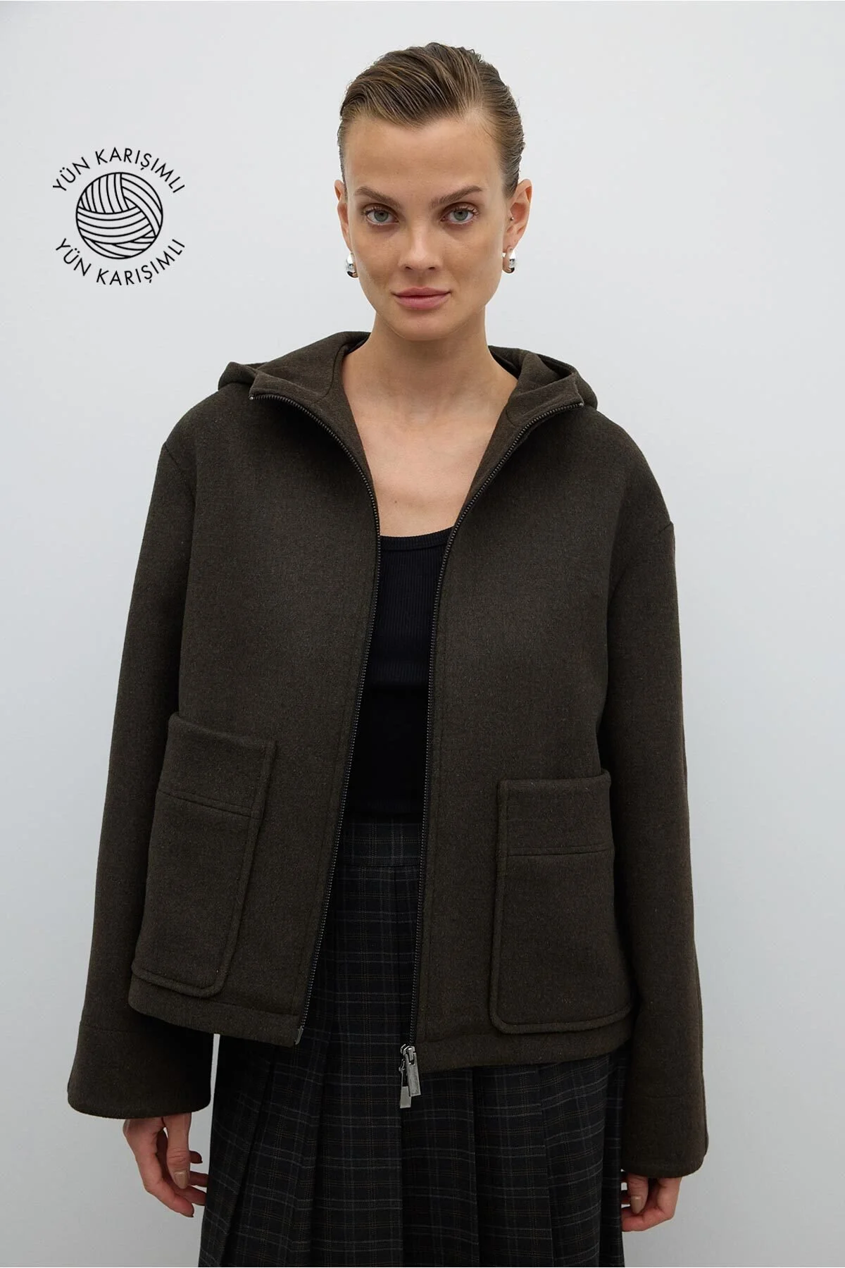 Yün Karışımlı Fermuar Detaylı Kapüşonlu Mont Haki - 1