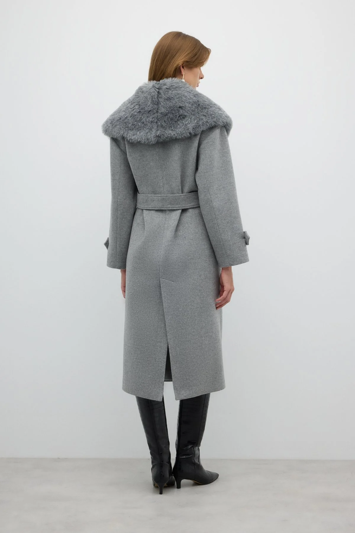 Çıkarılabilir Kürk Yakalı Kruvaze Yün Kaban Gri - 2
