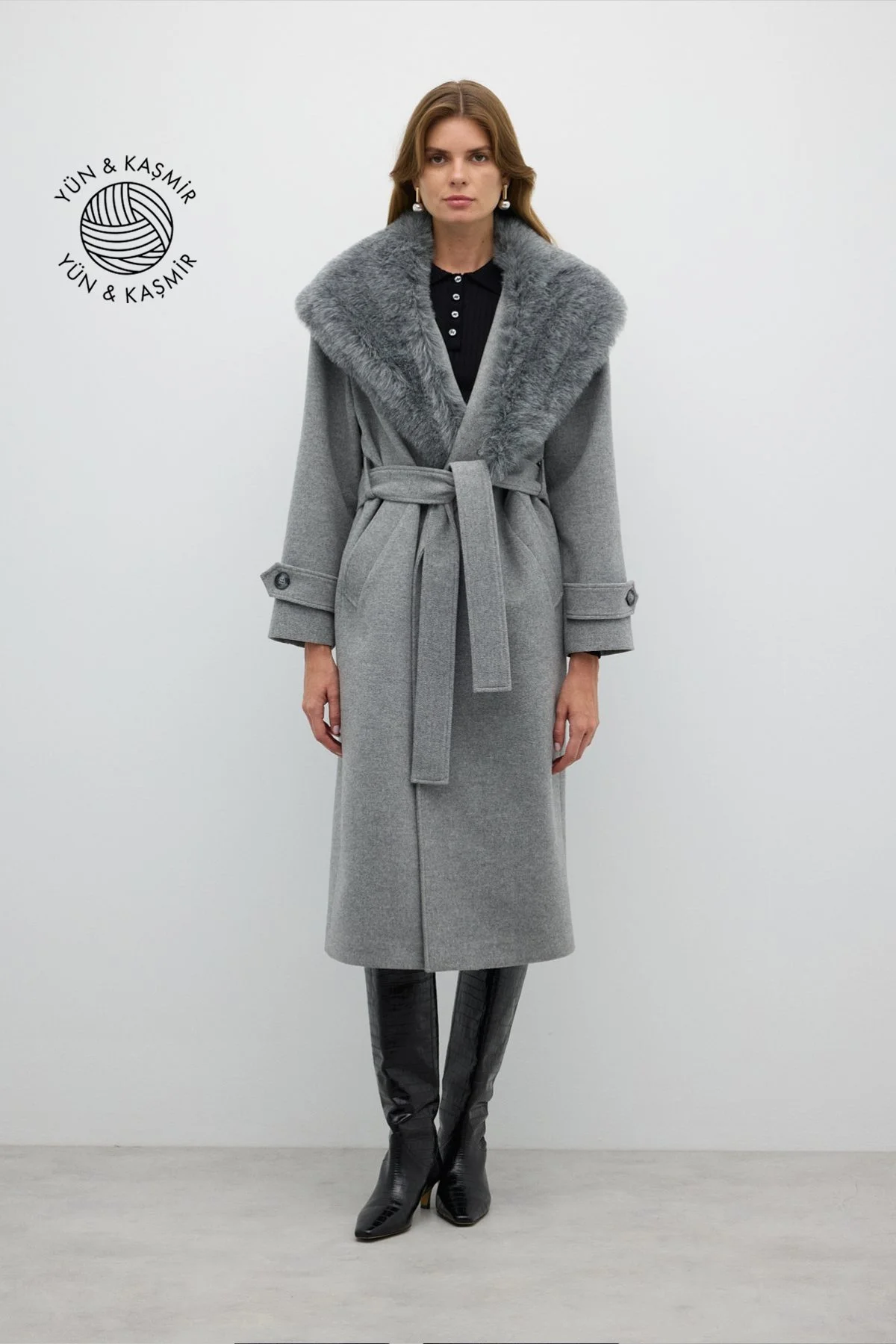 Çıkarılabilir Kürk Yakalı Kruvaze Yün Kaban Gri - 1