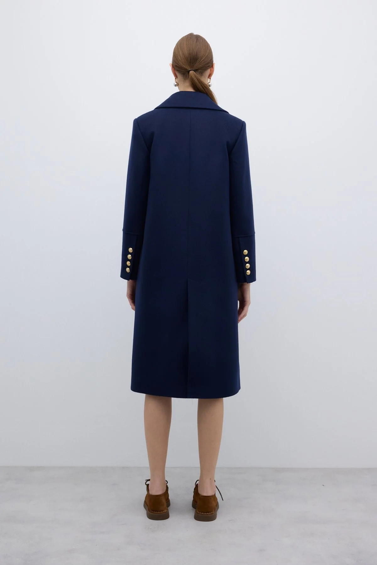 %100 Yün Gold Düğmeli Kruvaze Kaban Lacivert - 2