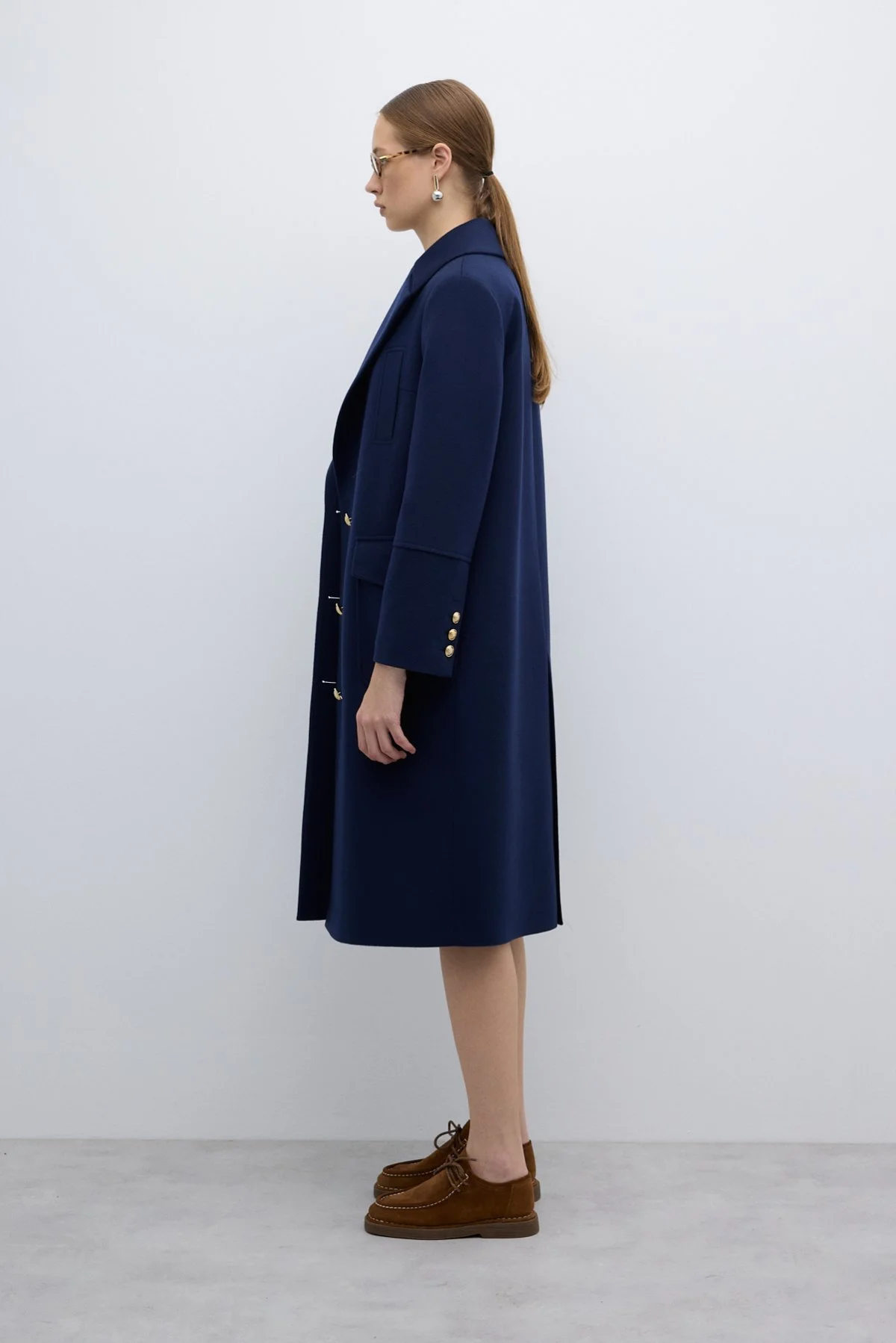 %100 Yün Gold Düğmeli Kruvaze Kaban Lacivert - 3