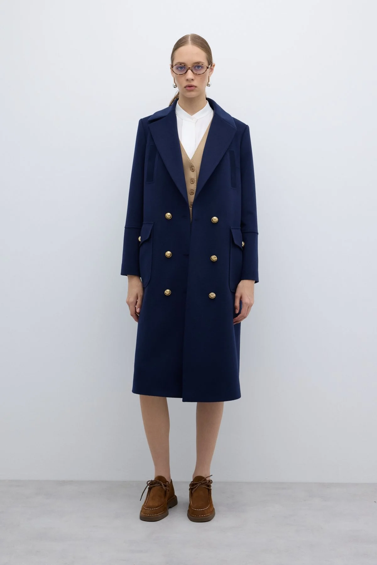 %100 Yün Gold Düğmeli Kruvaze Kaban Lacivert - 5