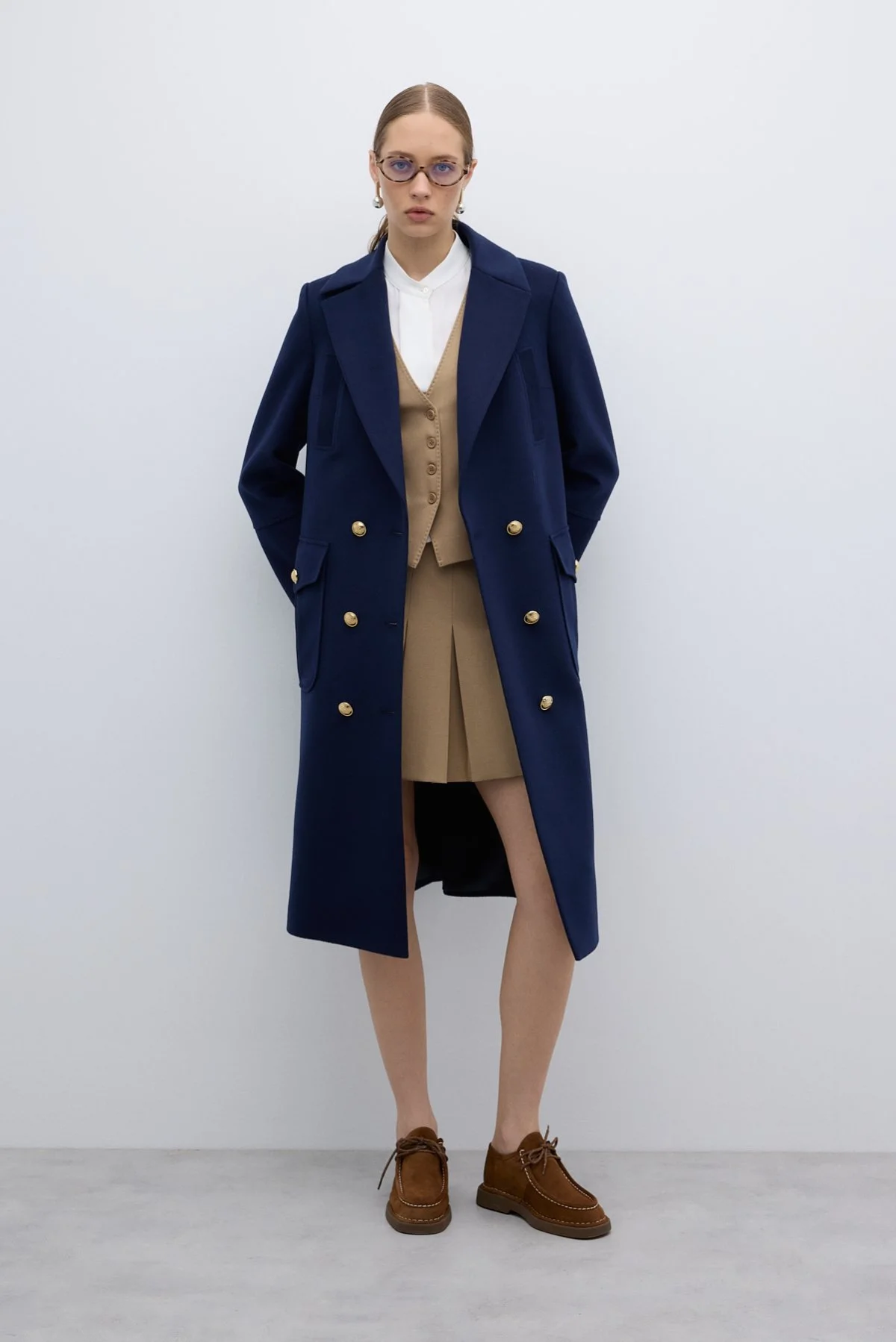 %100 Yün Gold Düğmeli Kruvaze Kaban Lacivert - 6