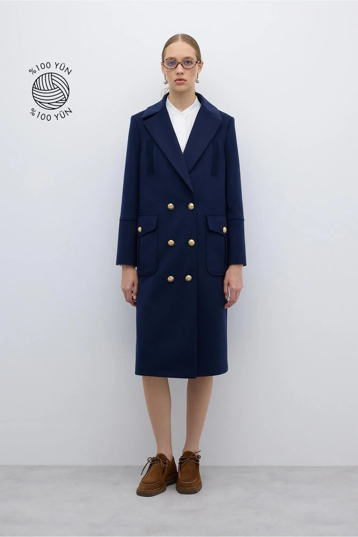 %100 Yün Gold Düğmeli Kruvaze Kaban Lacivert - 1
