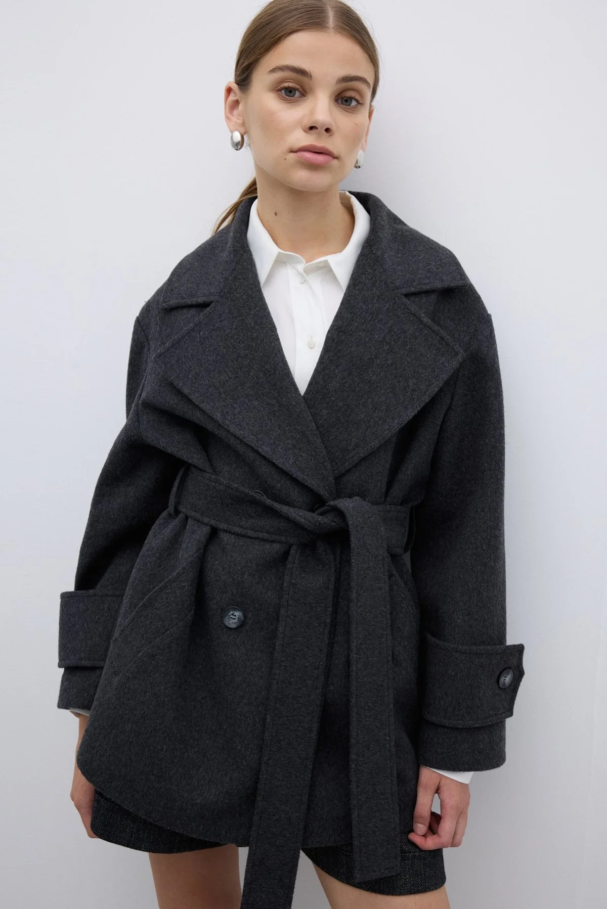 Yün Karışımlı Kruvaze Beli Kemerli Kaban Antrasit - 5