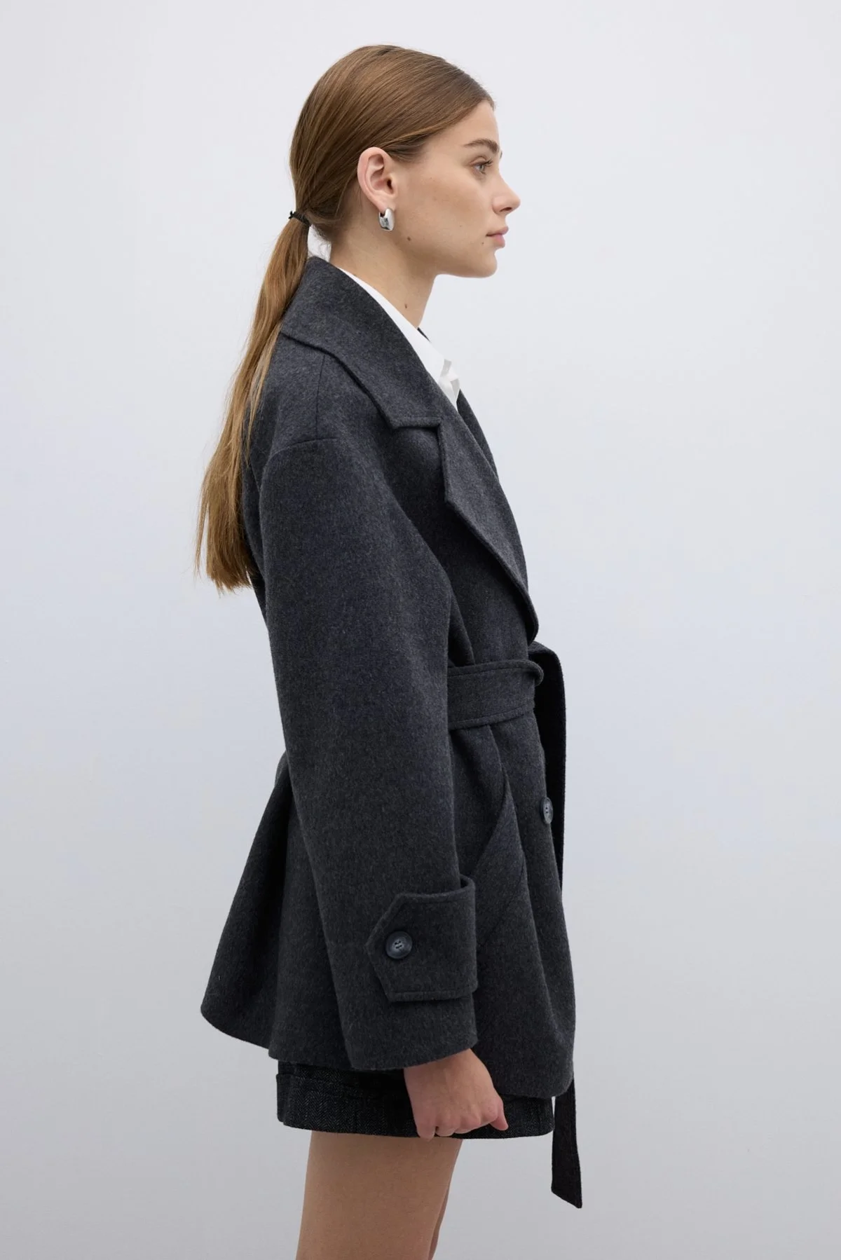 Yün Karışımlı Kruvaze Beli Kemerli Kaban Antrasit - 4