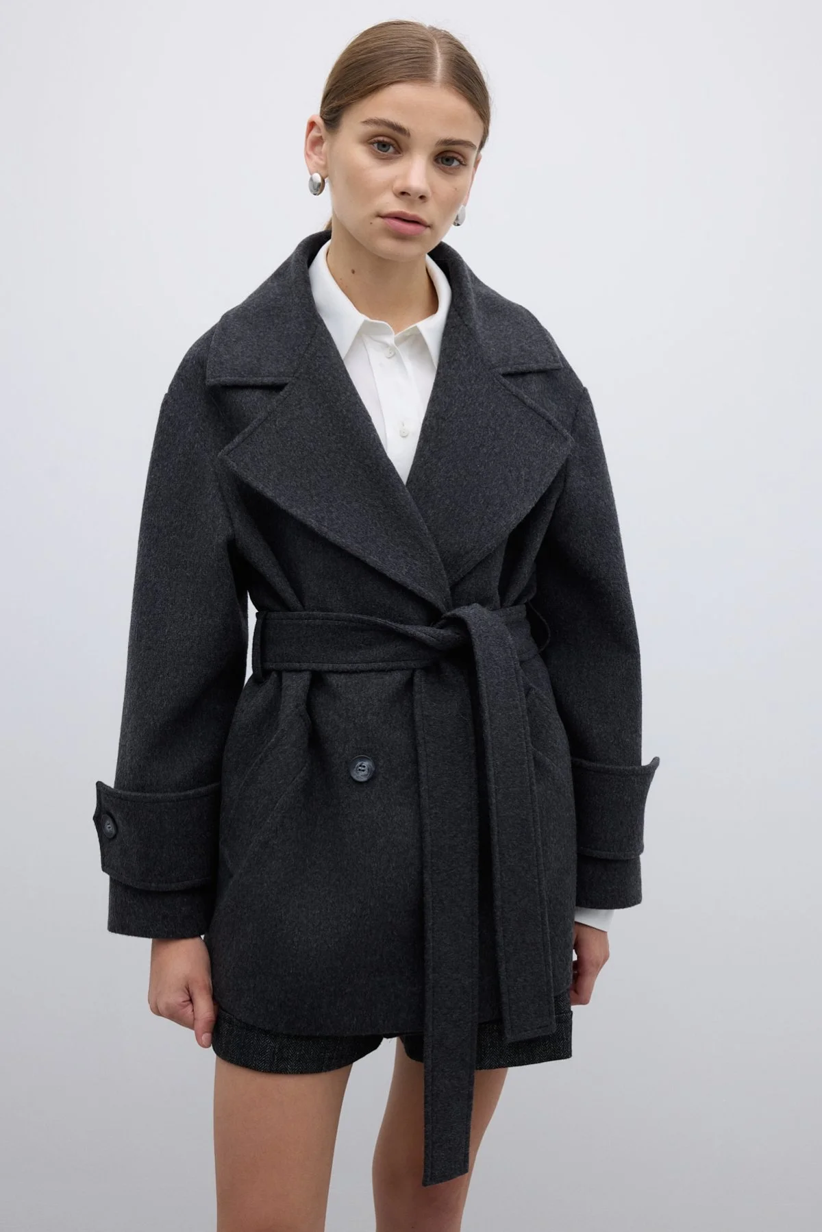 Yün Karışımlı Kruvaze Beli Kemerli Kaban Antrasit - 3