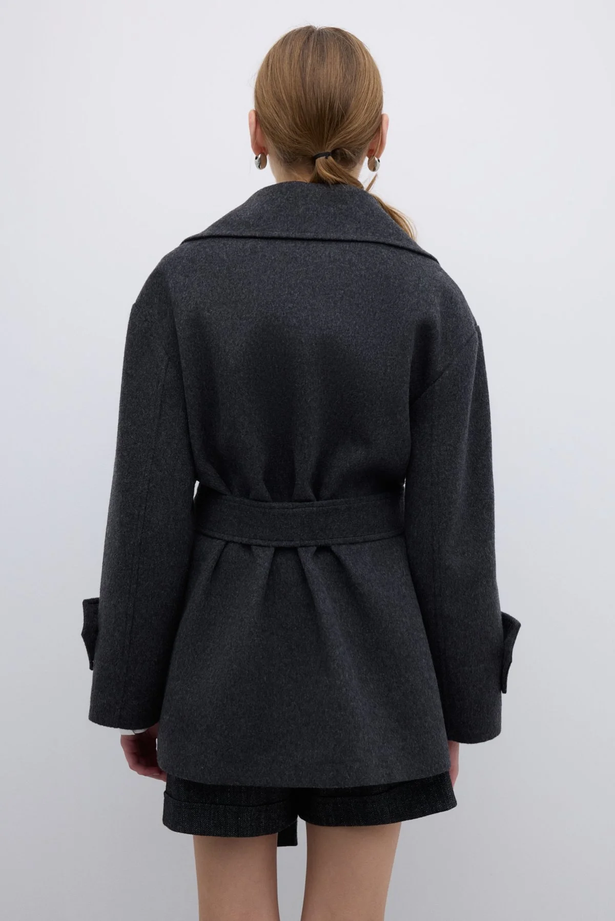 Yün Karışımlı Kruvaze Beli Kemerli Kaban Antrasit - 2