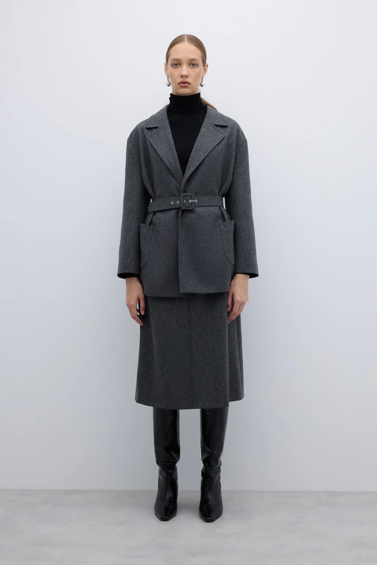%100 Yün Beli Seyyar Kemerli Kaban Koyu Gri - 4