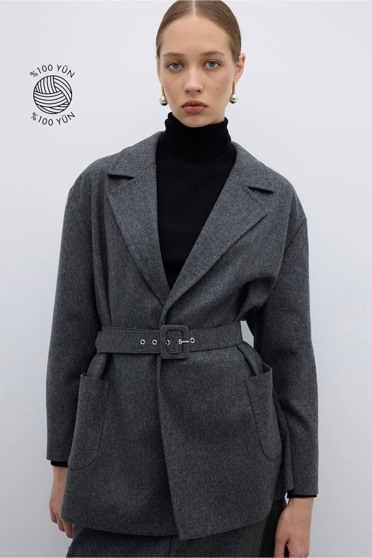 %100 Yün Beli Seyyar Kemerli Kaban Koyu Gri - 1