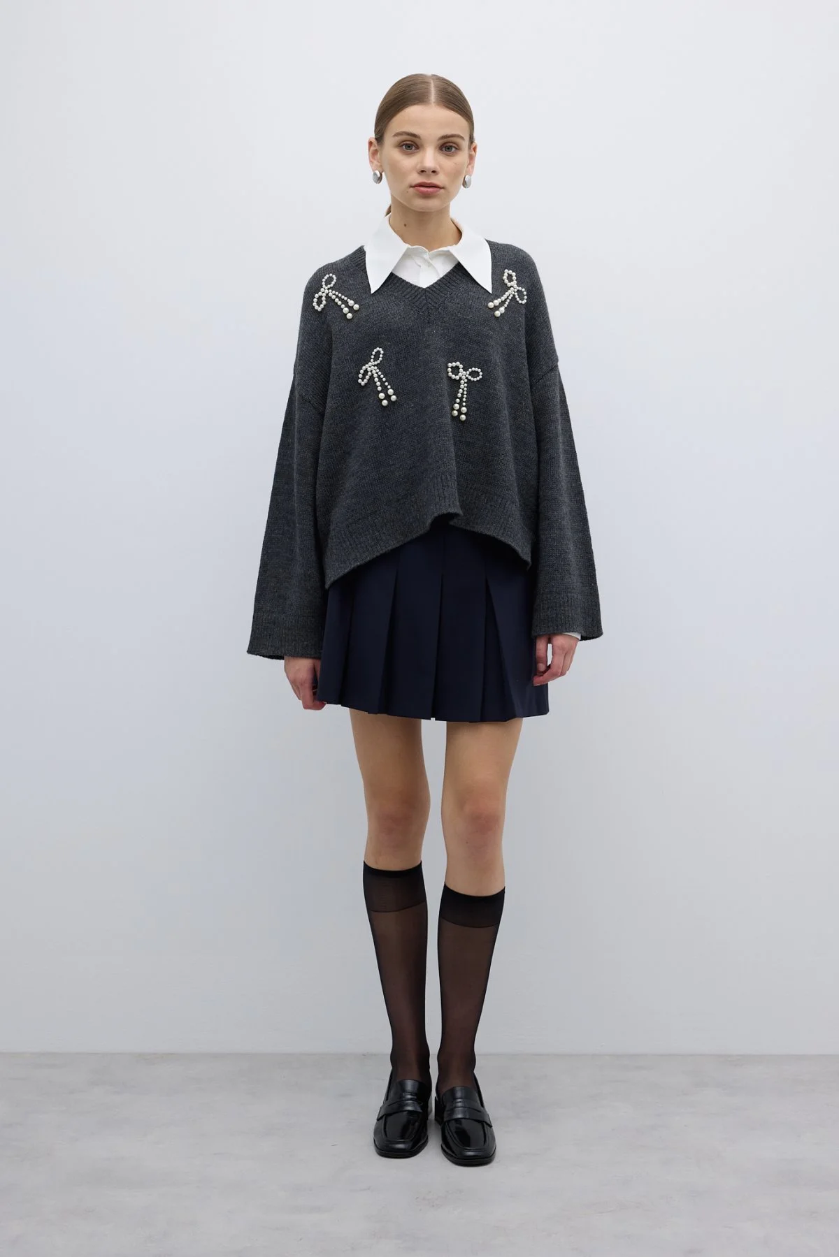 V Yaka İnci Detaylı Triko Antrasit - 3