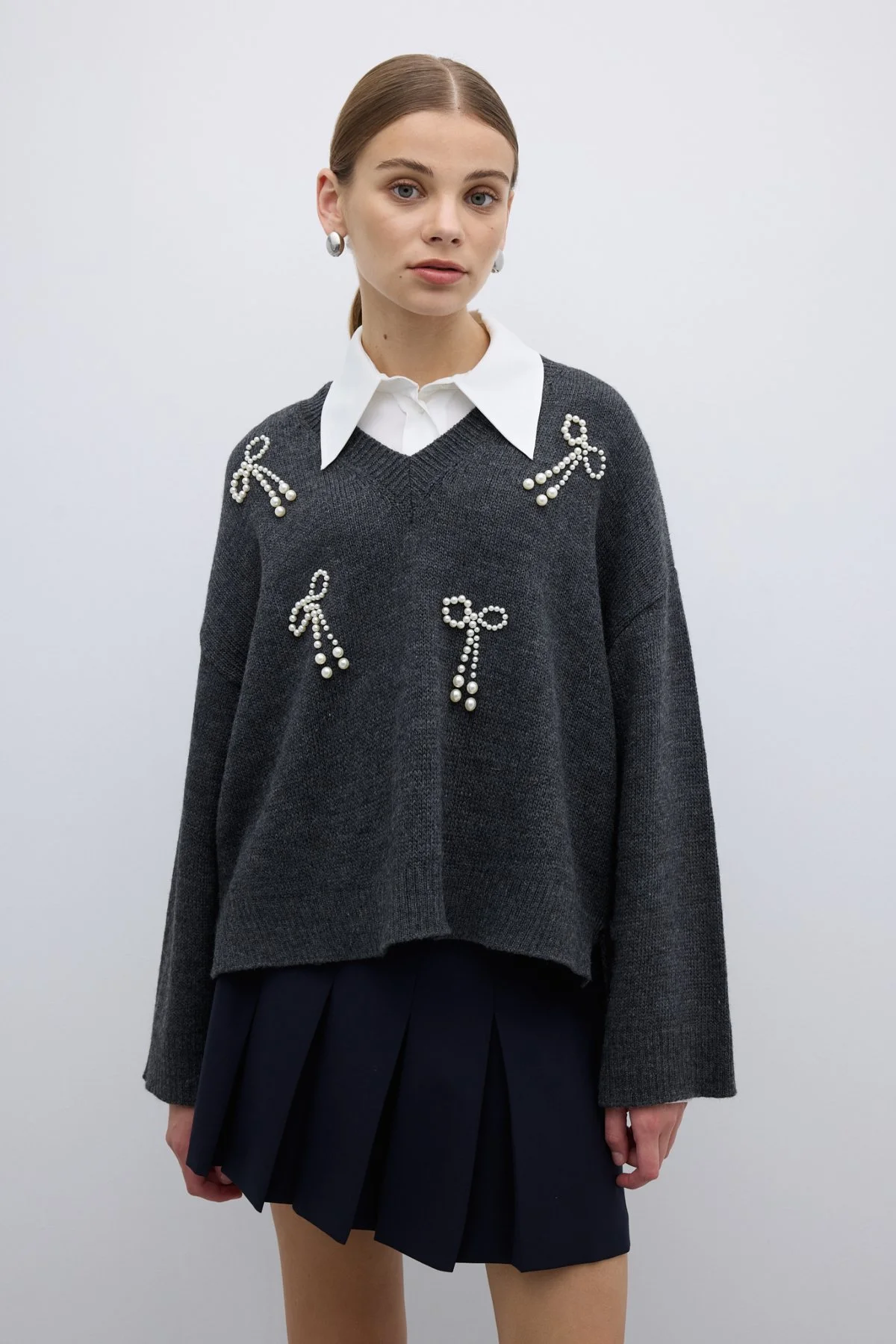 V Yaka İnci Detaylı Triko Antrasit - 1